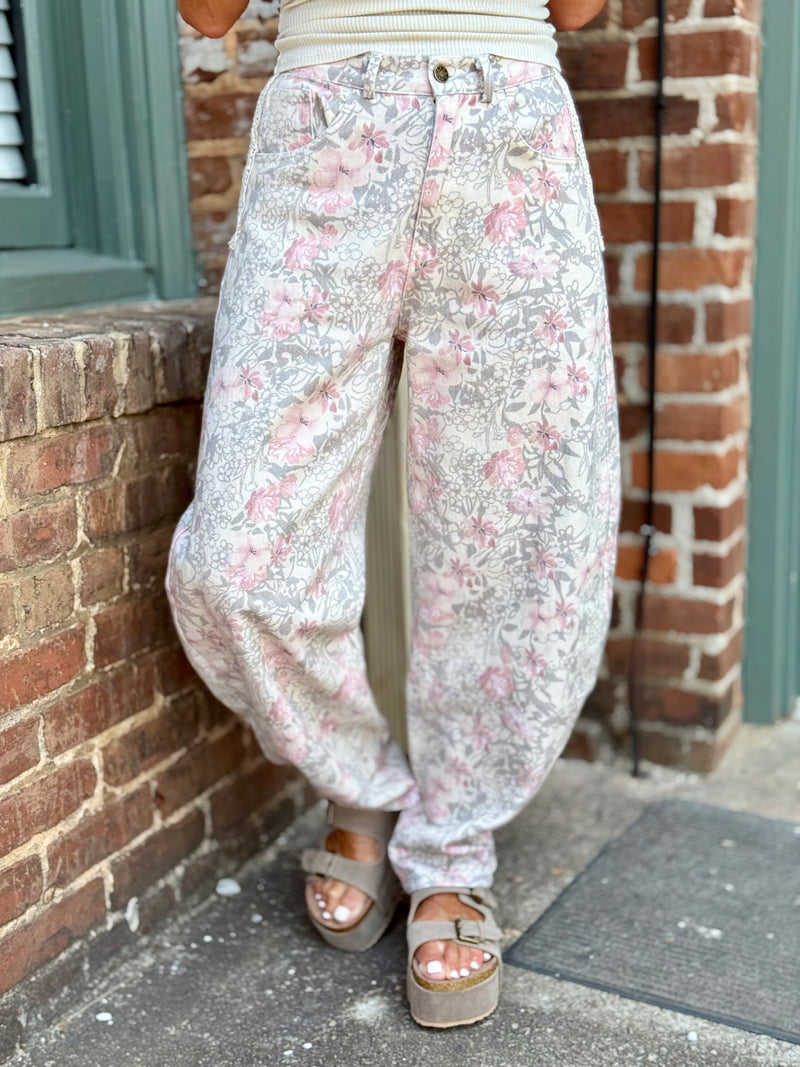 Floral Print Barrel Jeans