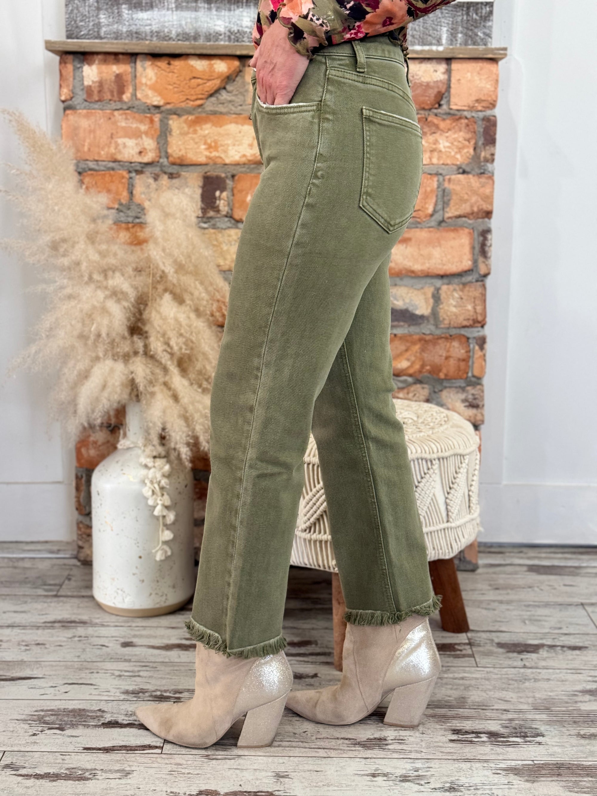 High Rise Straight Leg Ankle Jeans | Olive