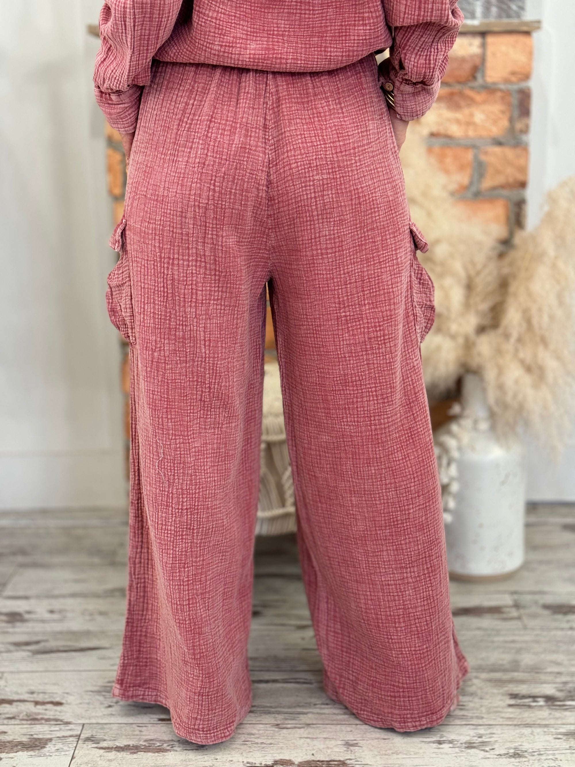 Gauze Wide Leg Cargo Pants | Washed Red