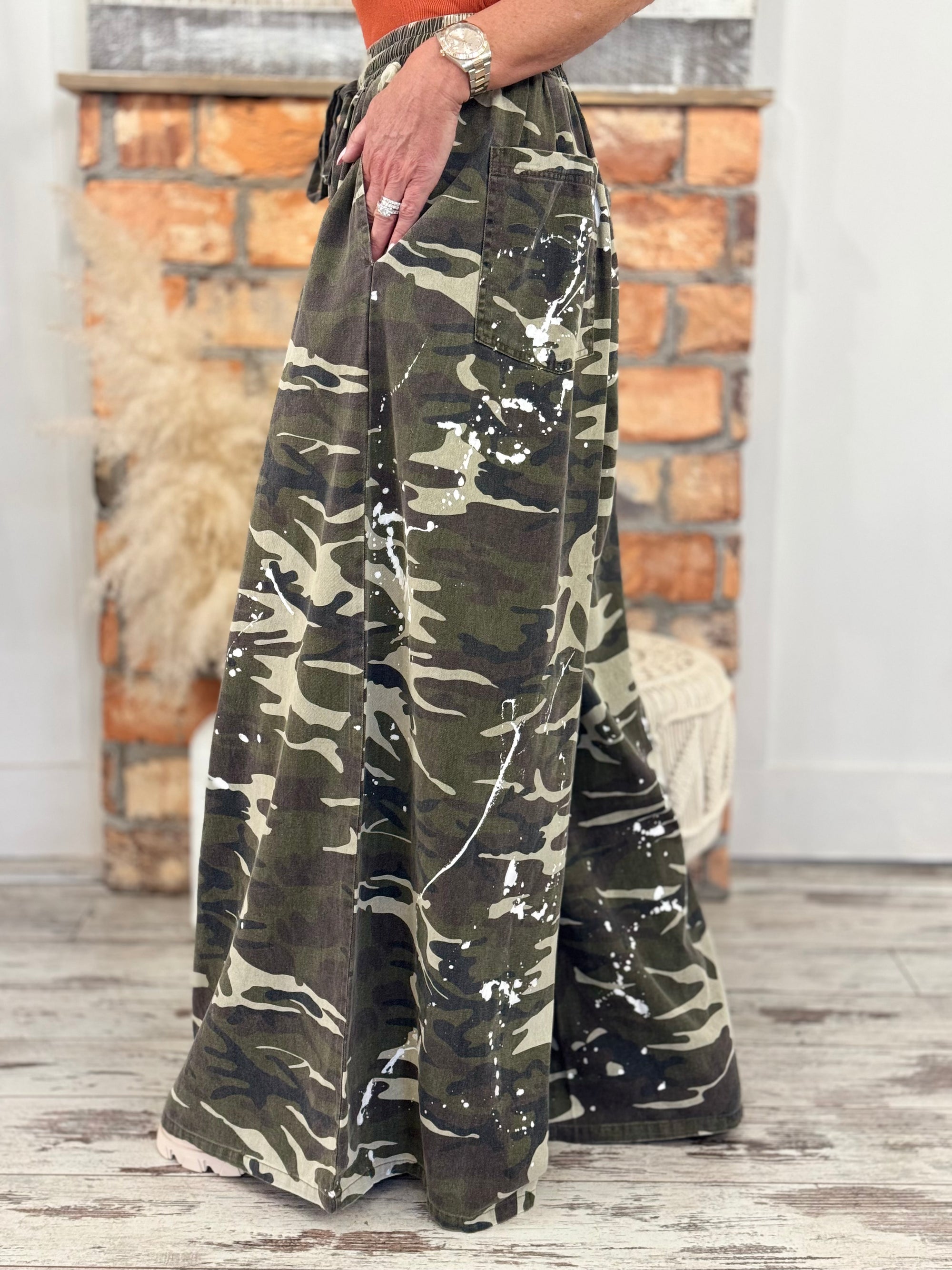 Camo Paint Splatter Wide Leg Pants