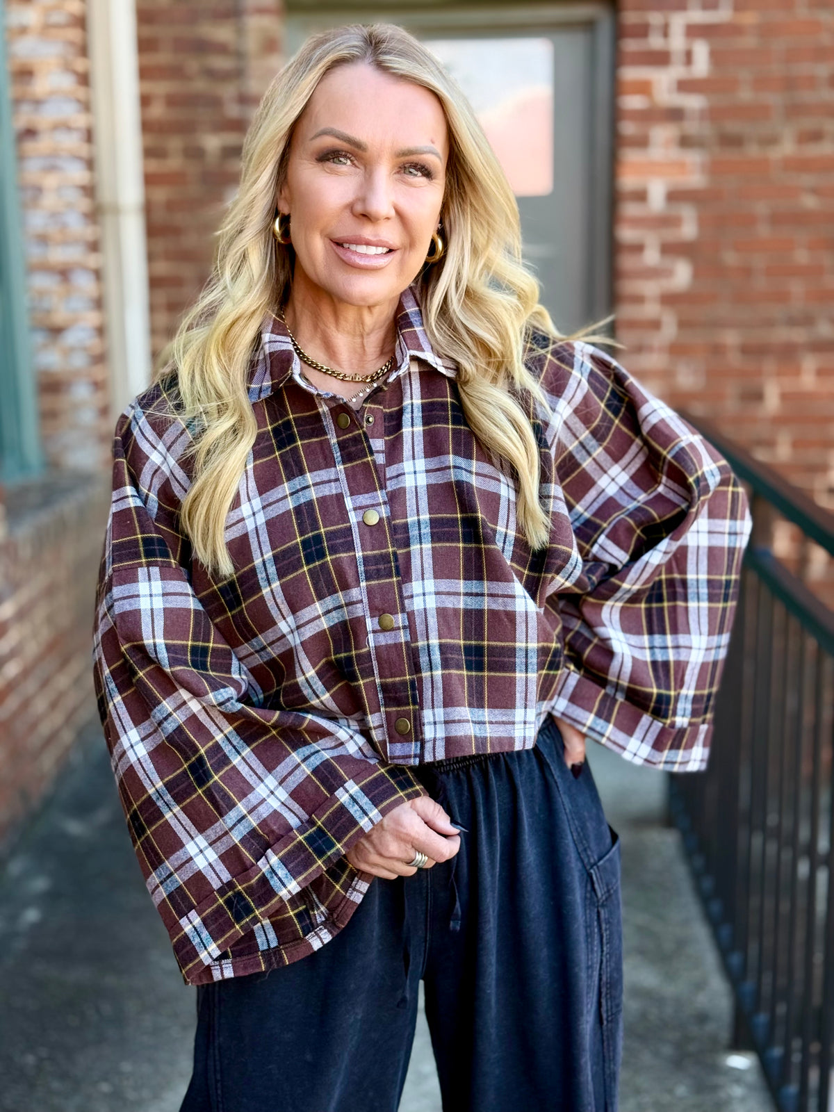Cropped Wide Sleeve Plaid Top