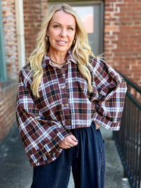 Cropped Wide Sleeve Plaid Top