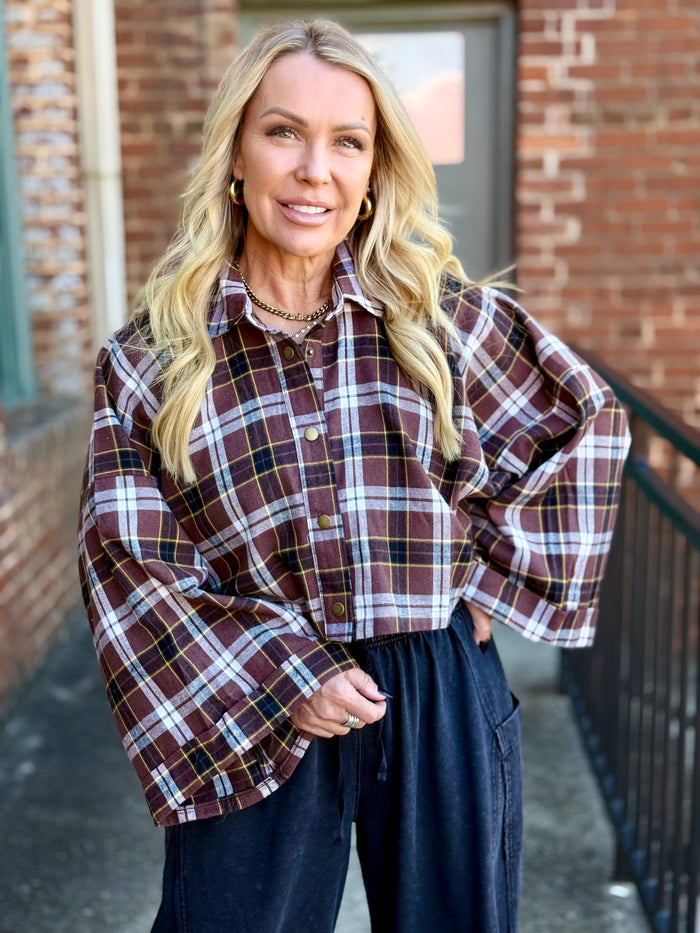 Cropped Wide Sleeve Plaid Top