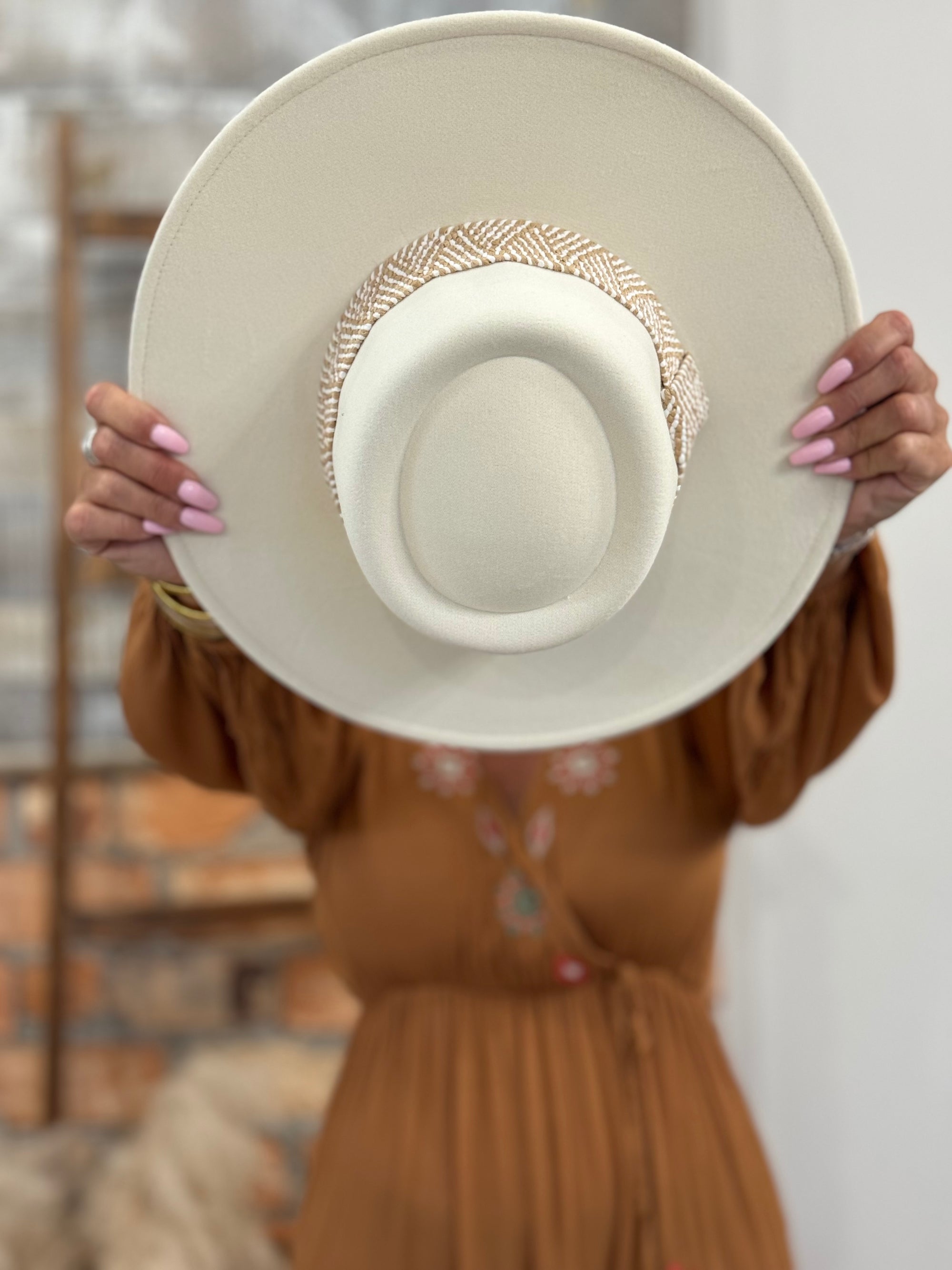 Boho Trim Wide Brim Hat in Ivory