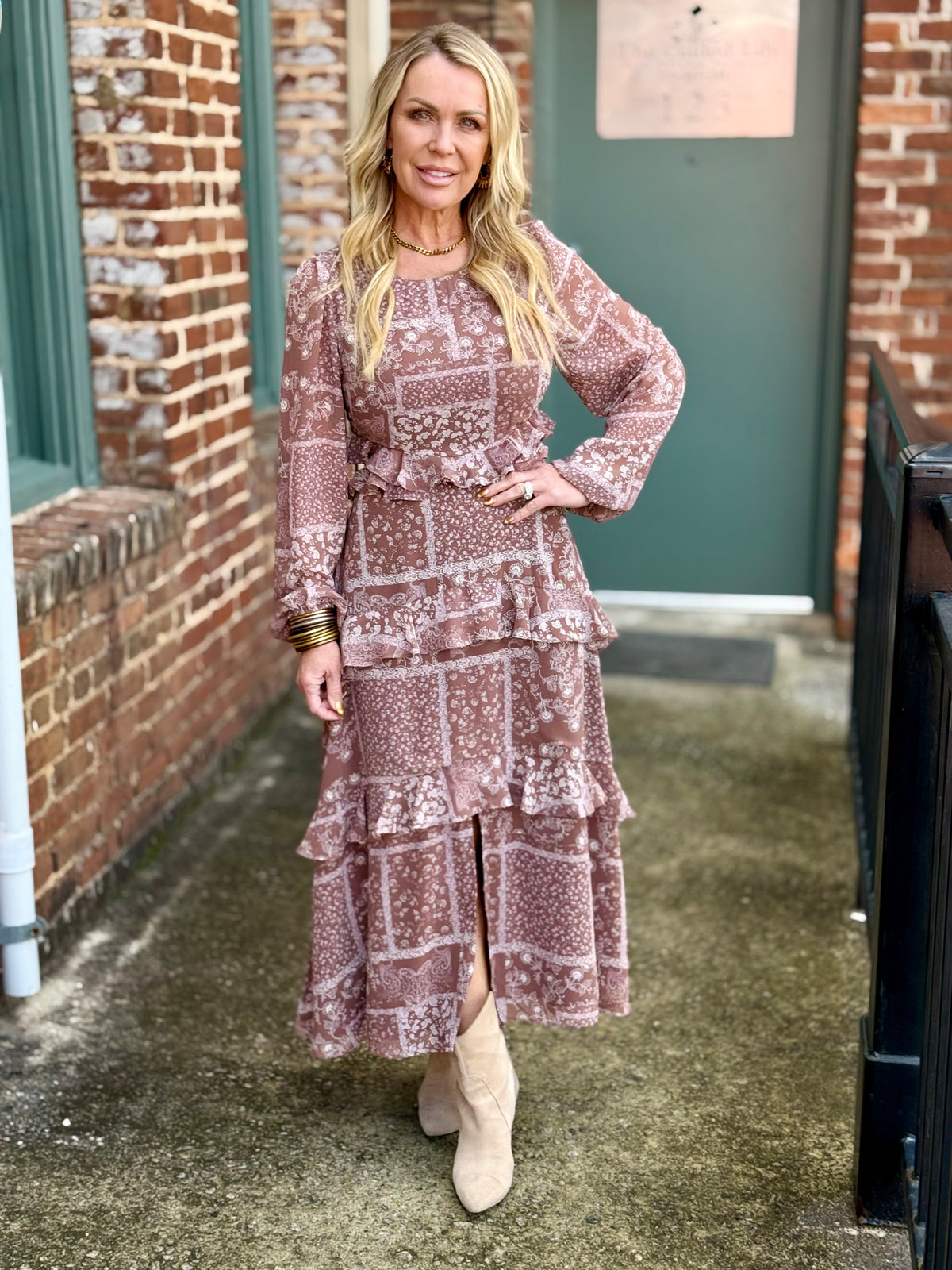 Ruffled Front Slit Midi Dress