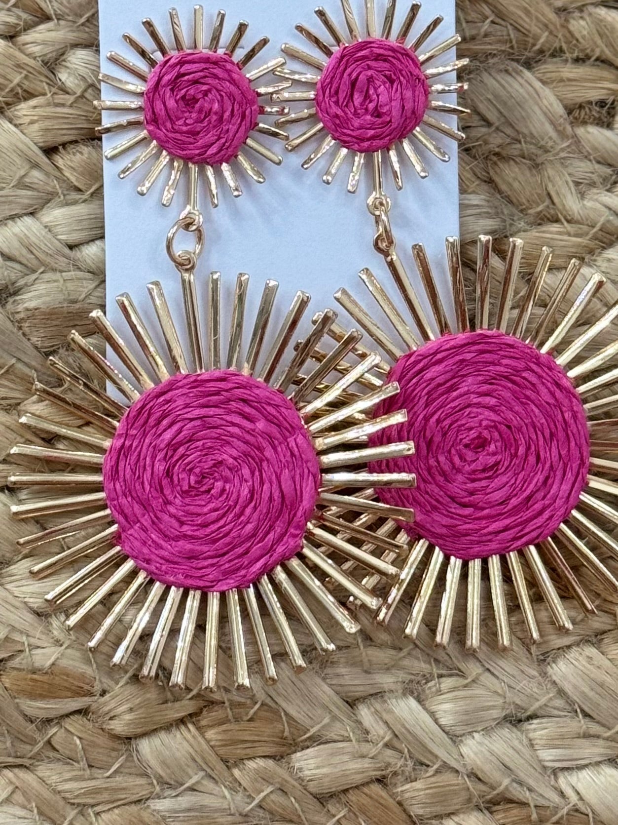 Raffia Double Circle Earrings in Pink