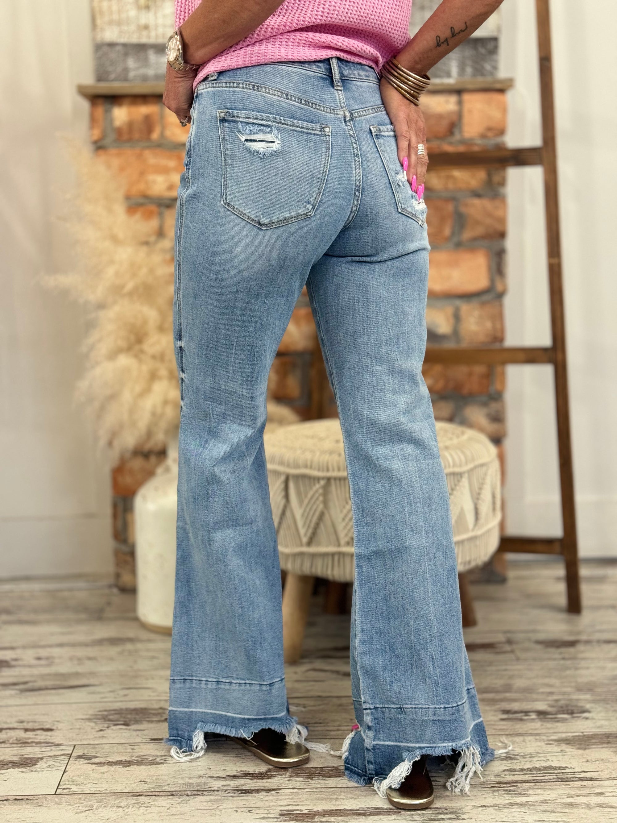 High Rise Destroyed Raw Hem Flare Jeans