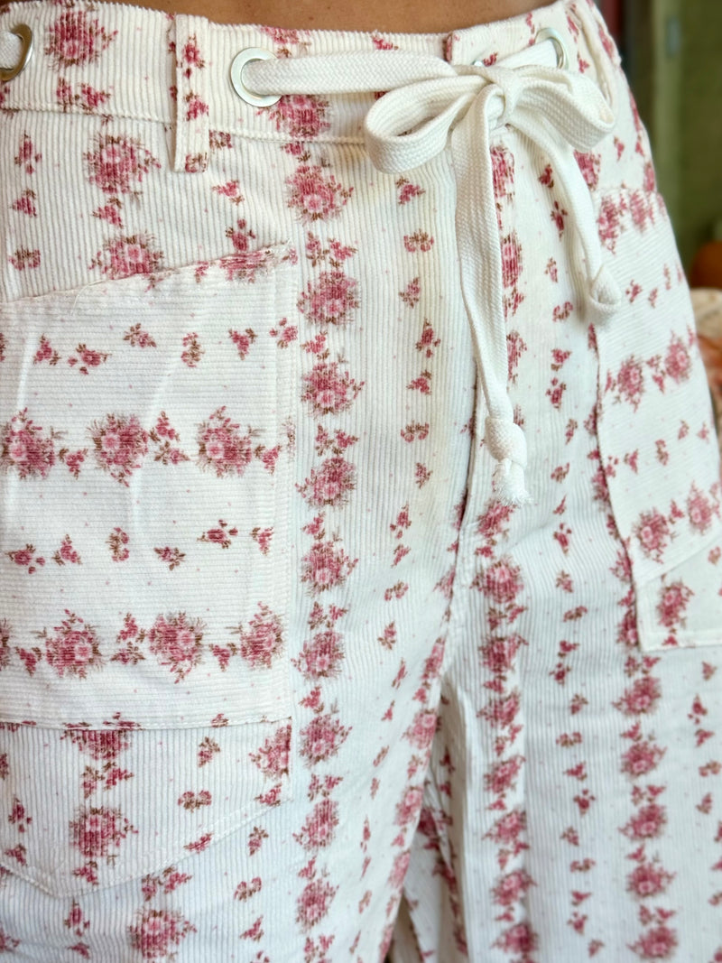 Corduroy Floral Waist Tie Barrel Jeans