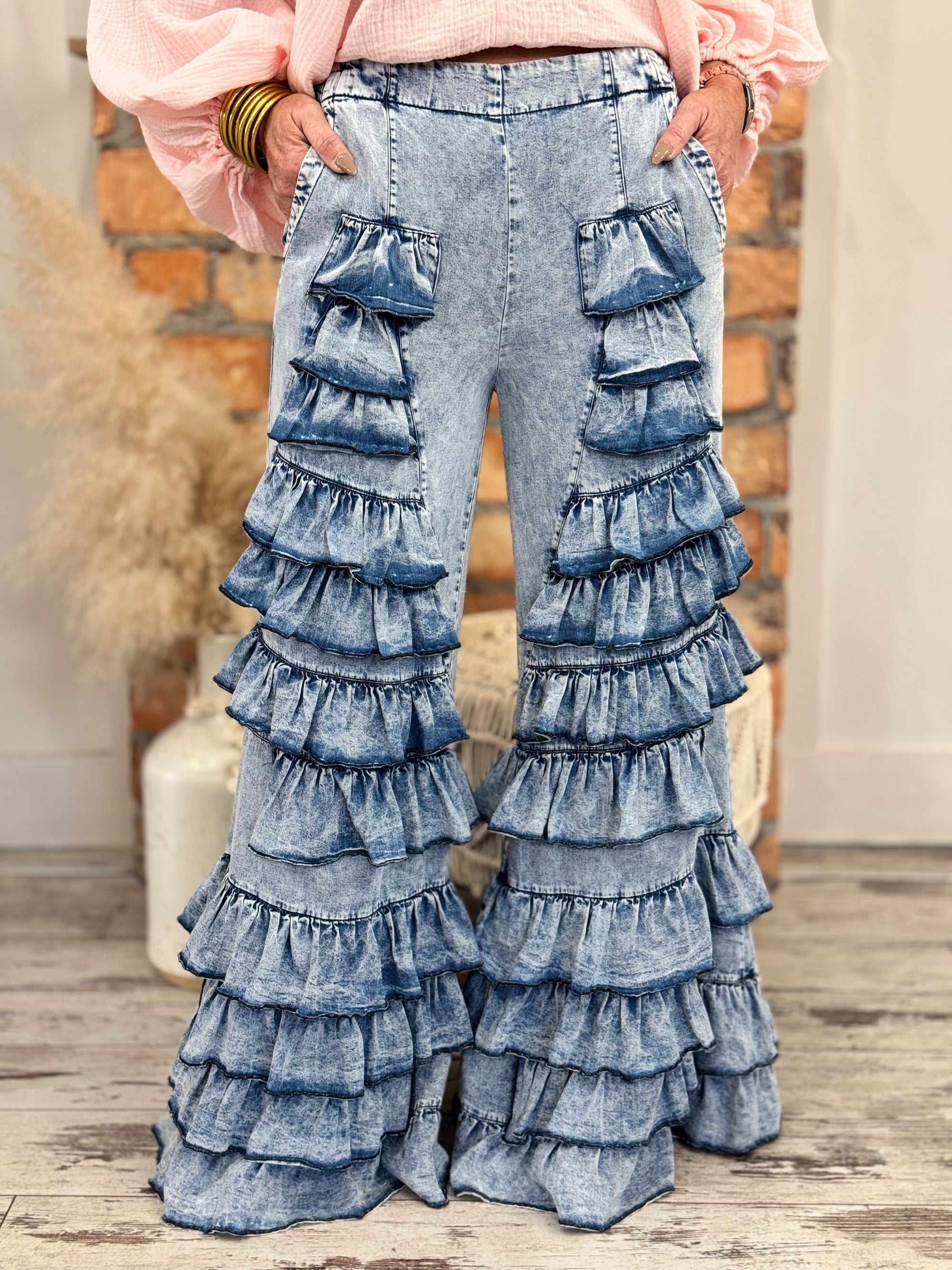 Tiered Ruffle Bell Bottom Pants