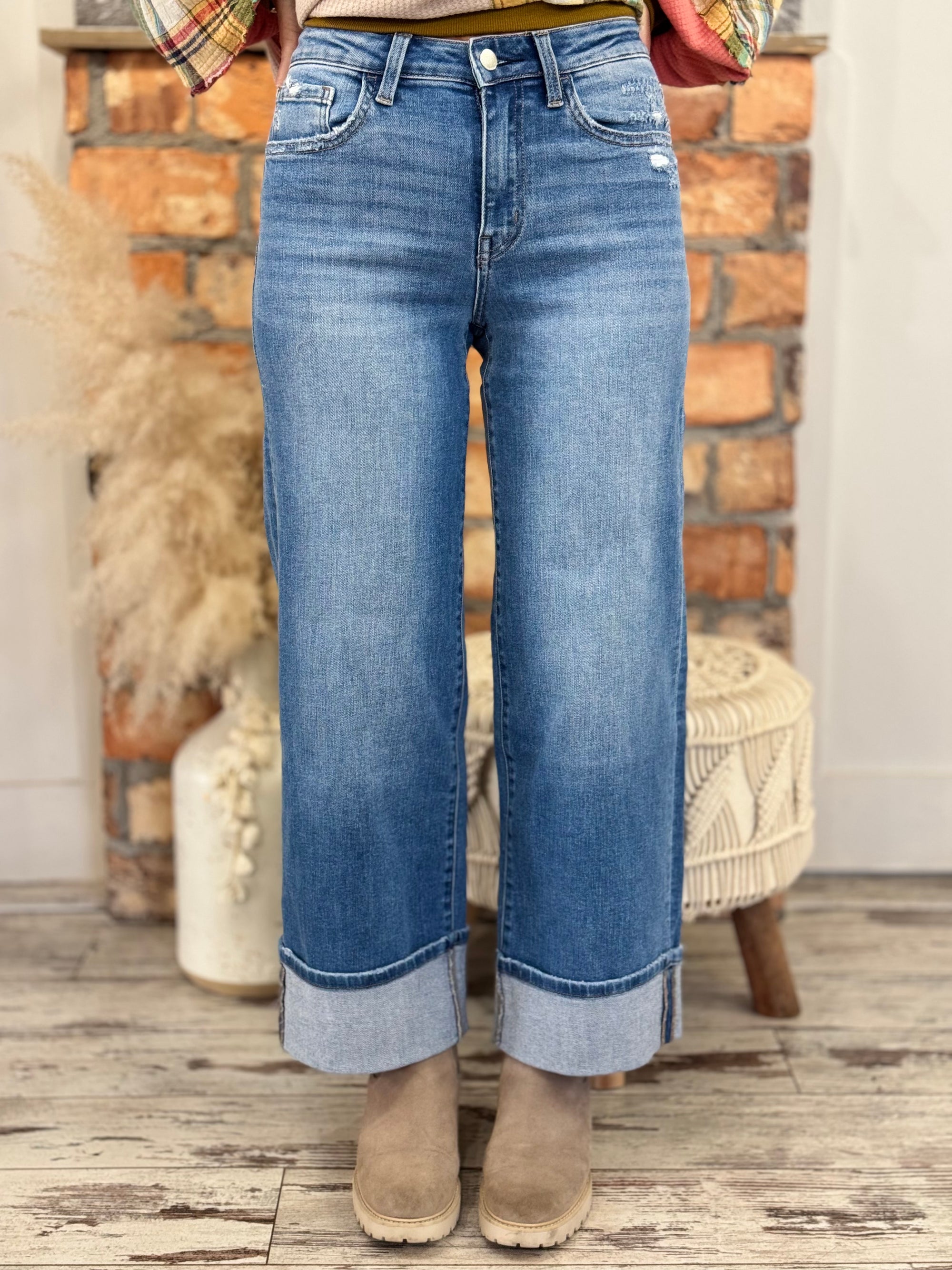 Cuffed Wide Leg High Rise Jeans