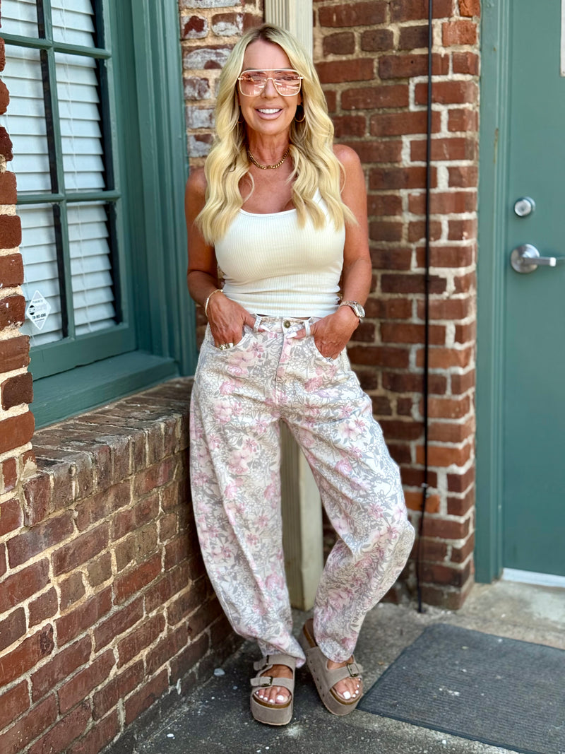 Floral Print Barrel Jeans