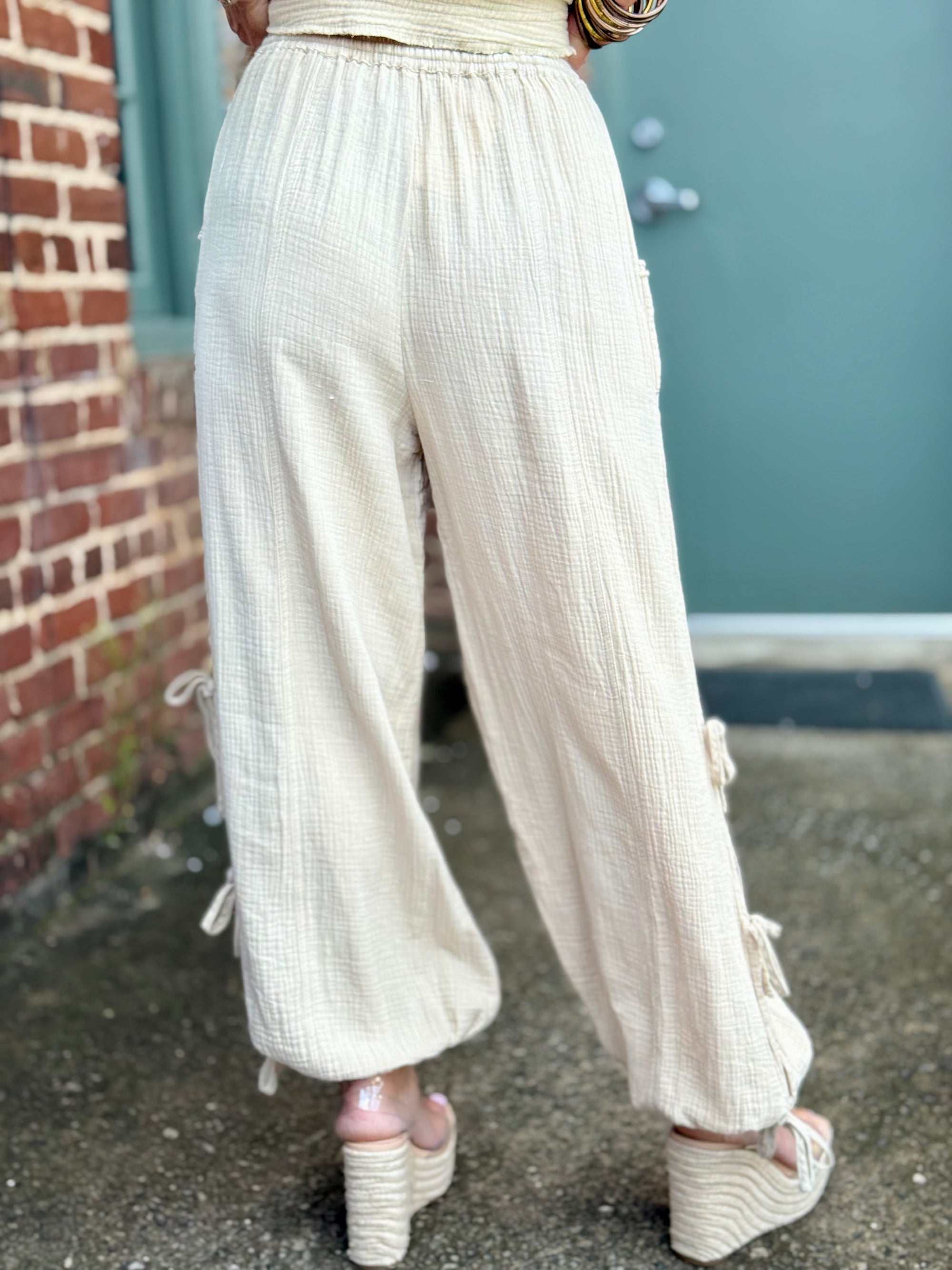 Lace Trim Side Tie Jogger Pants | Oatmeal