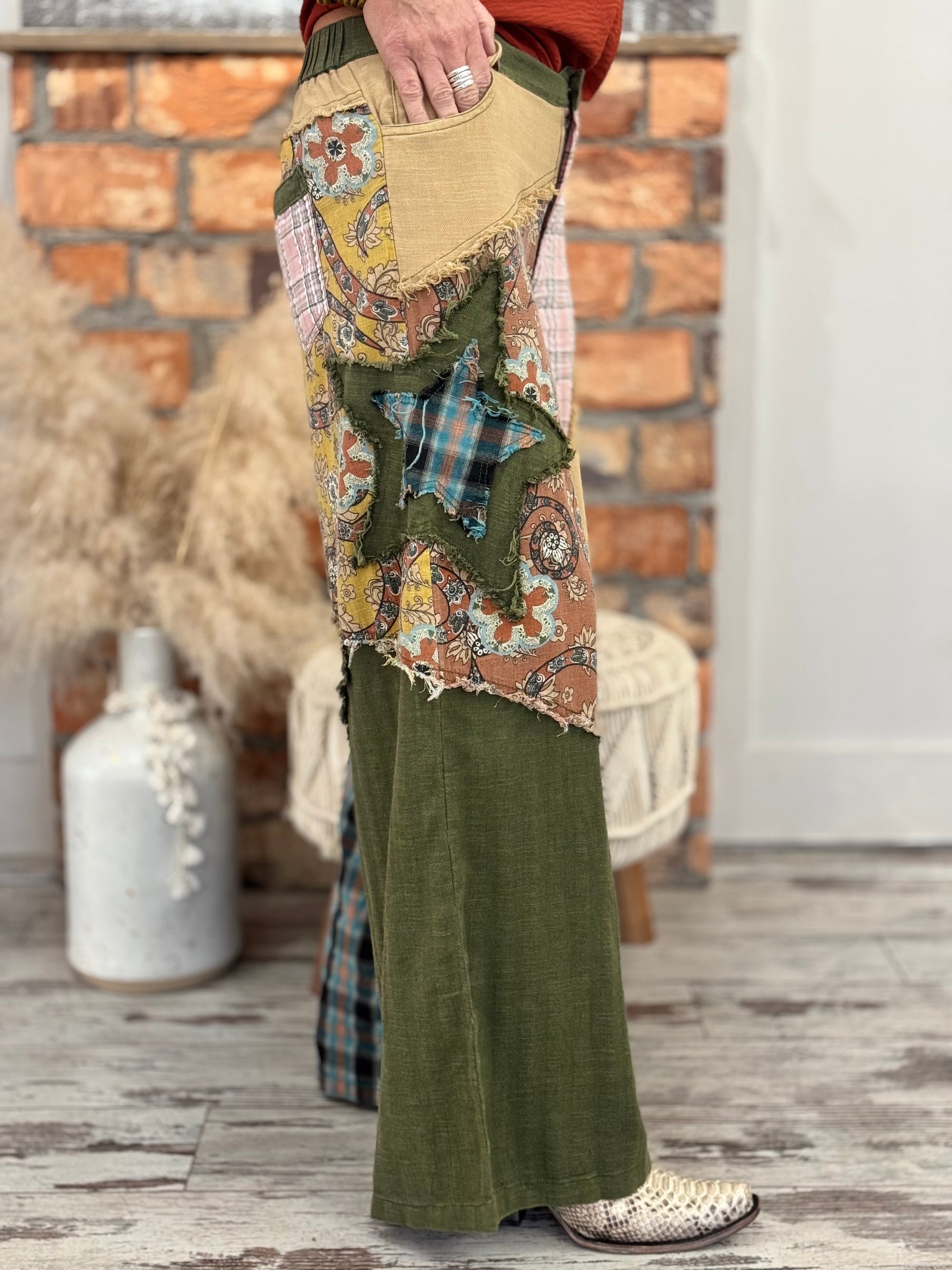 Mixed Patchwork Wide Leg Pants in Olive