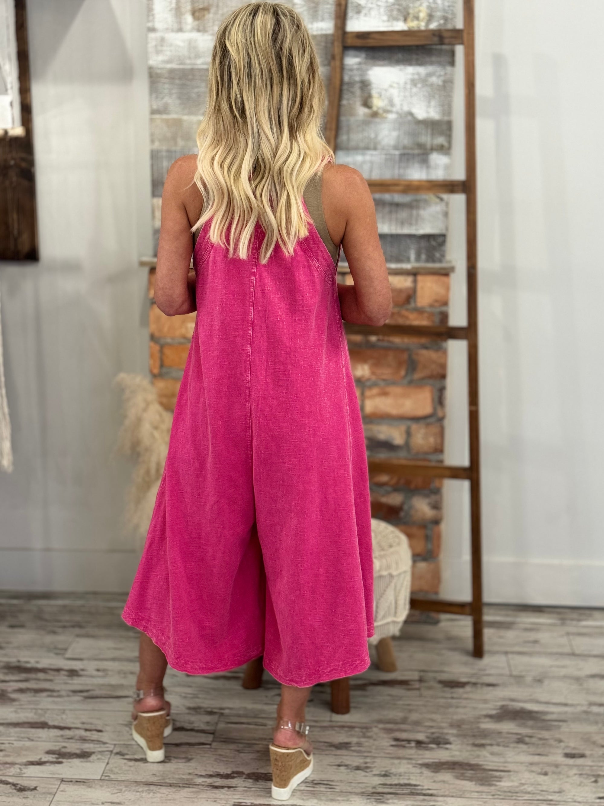Washed Wide Leg Jumpsuit in Hot Pink