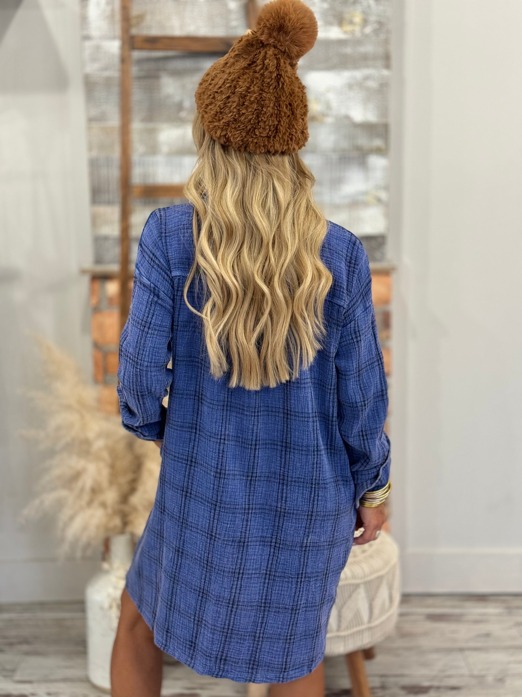 Washed Plaid Button Down Shirt Dress in Blue