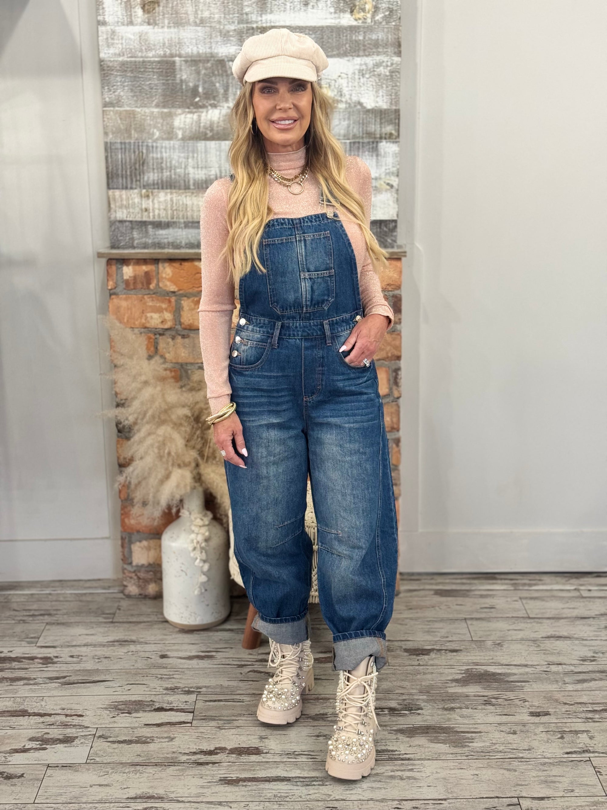 Dark Denim Barrel Overalls