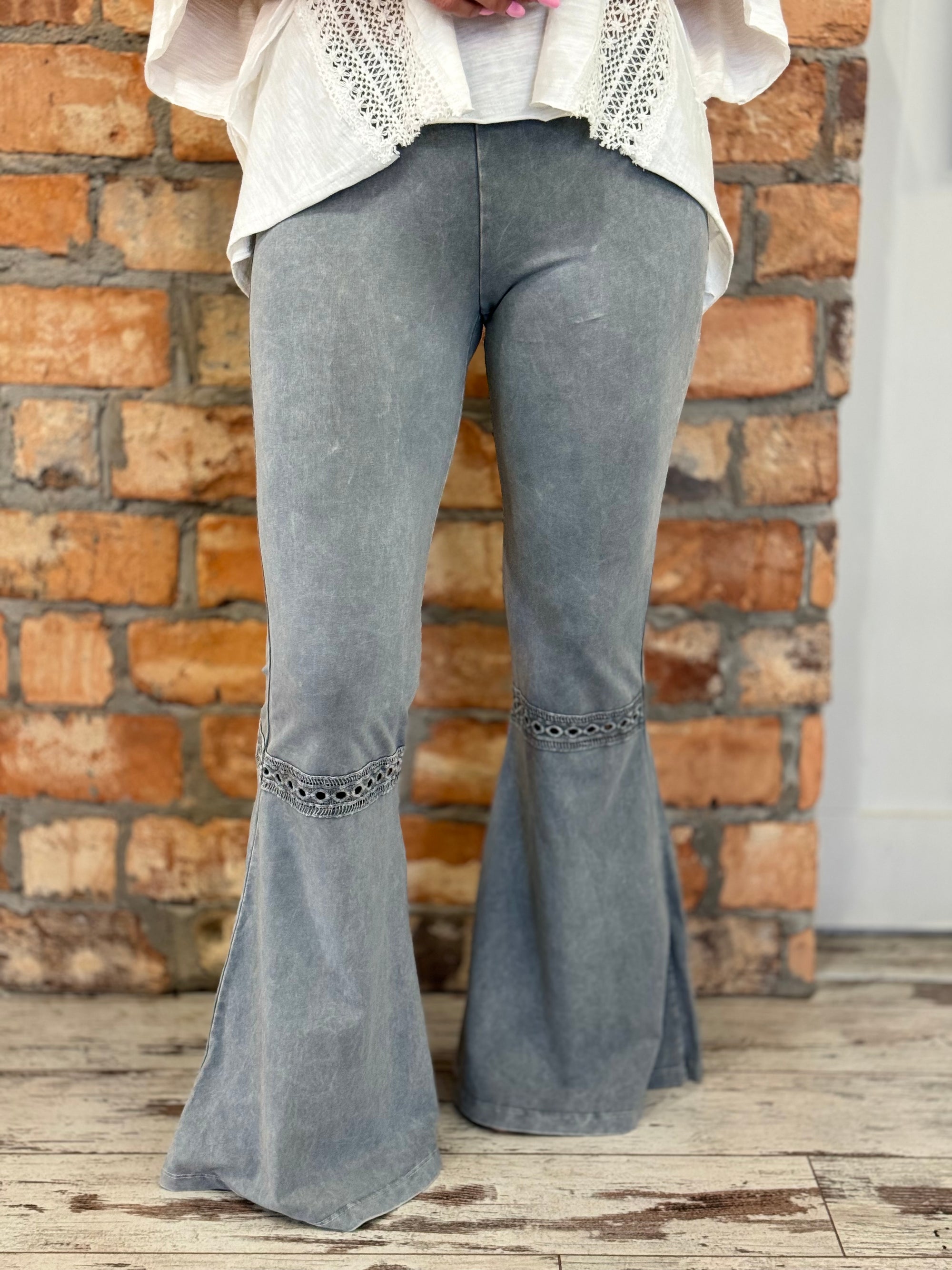 Washed Crochet Lace Bell Bottom Flare Pants in Light Grey