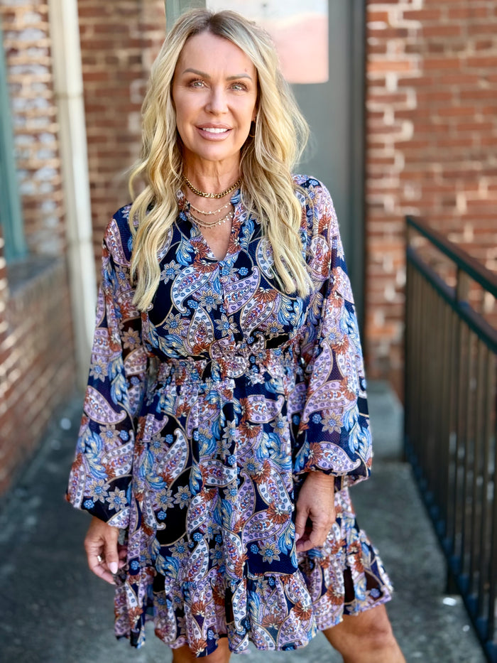 Paisley Print Smocked Waist Dress