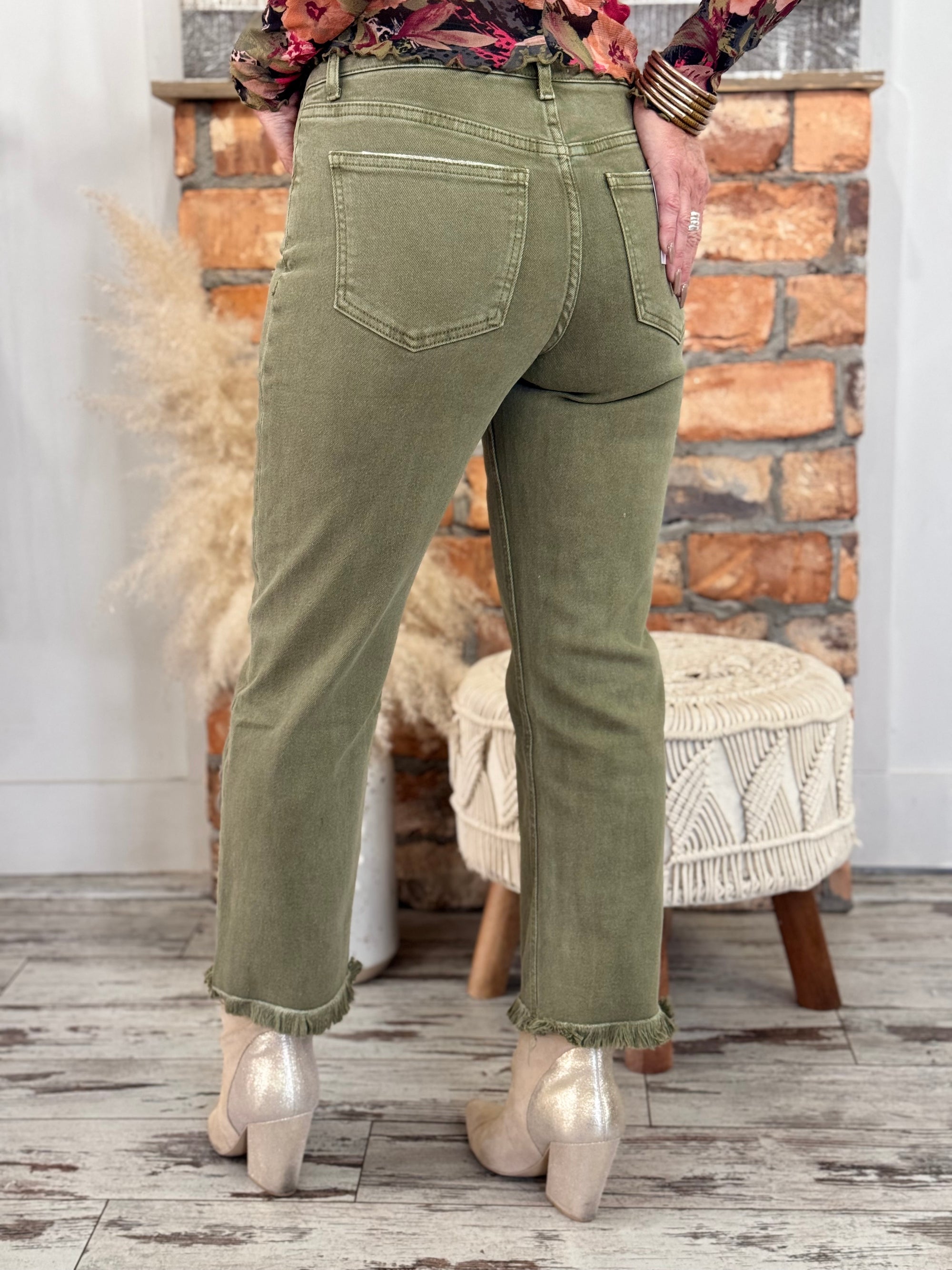 High Rise Straight Leg Ankle Jeans | Olive