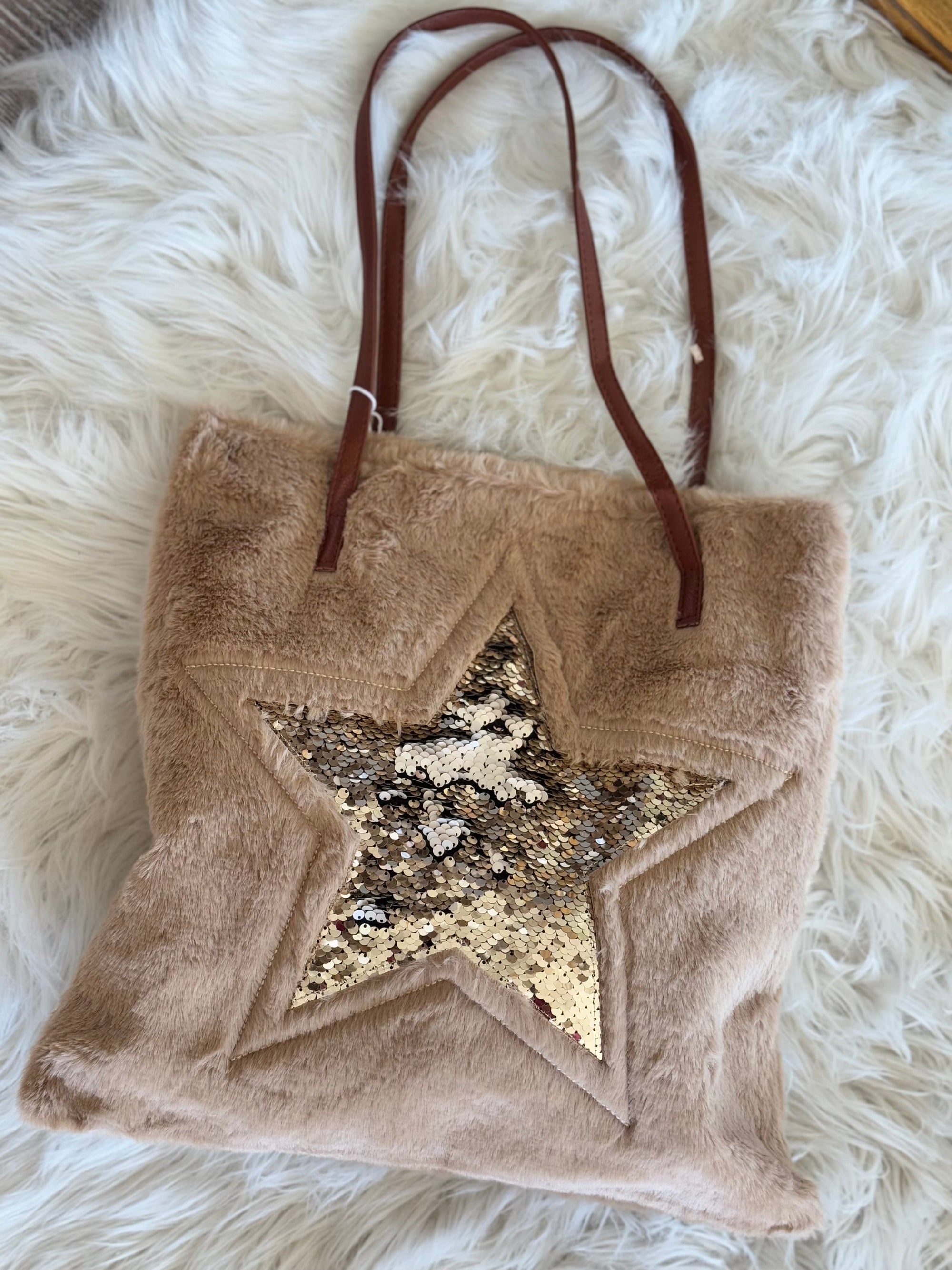 Sequin Star Fuzzy Tote Bag | Beige