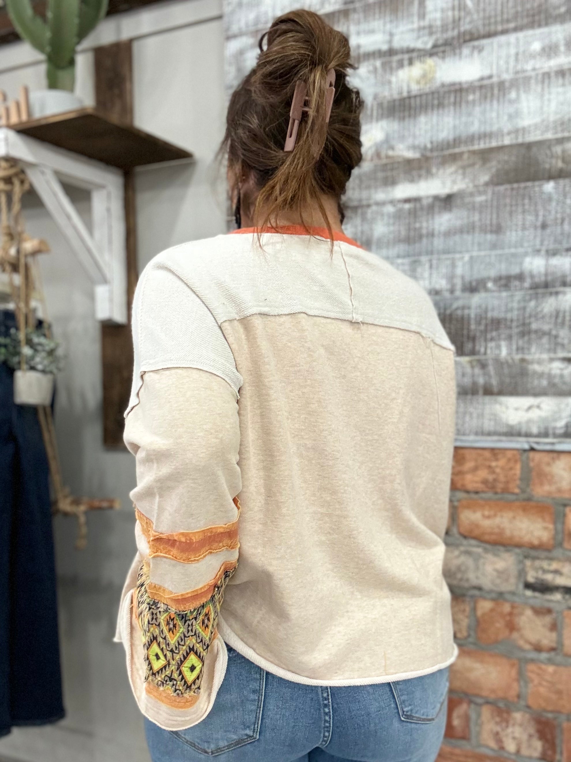 Washed Mixed Fabric Bell Sleeve Top