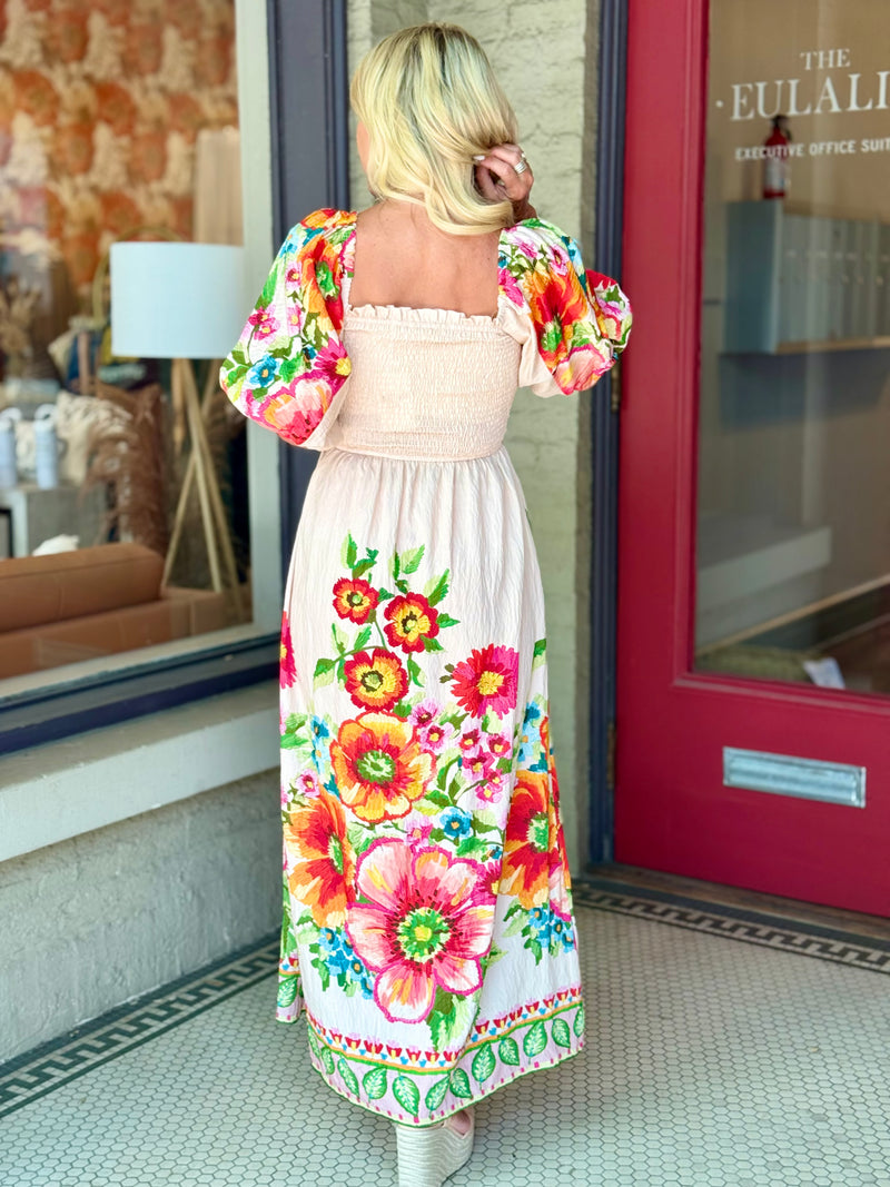 Floral Bubble Sleeve Maxi Dress