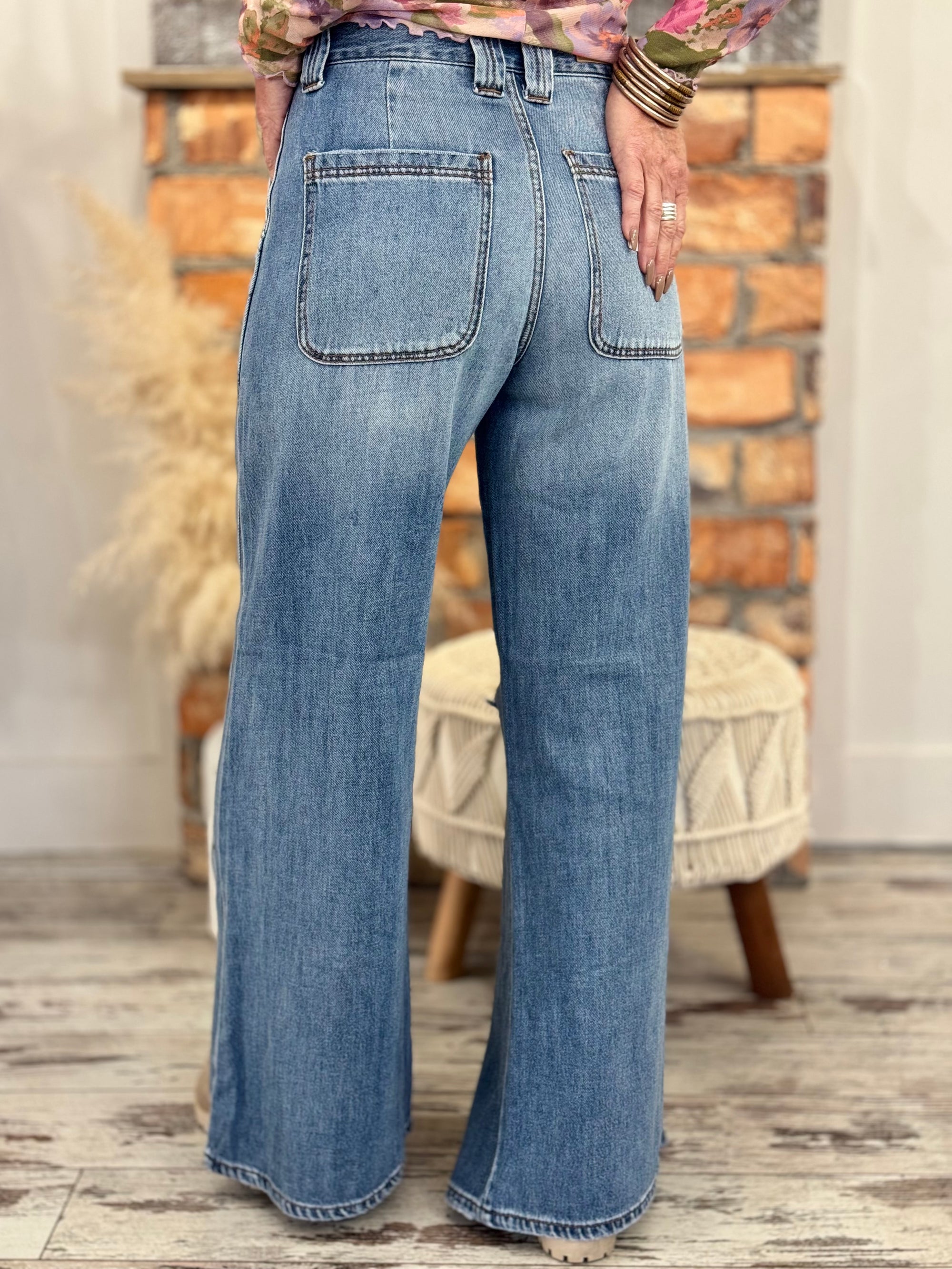 Distressed Front Slit Wide Leg Carpenter Jeans