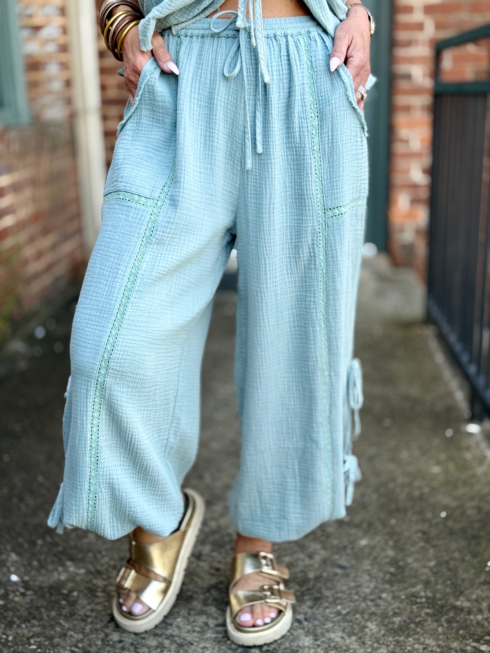 Lace Trim Side Tie Jogger Pants | Sage