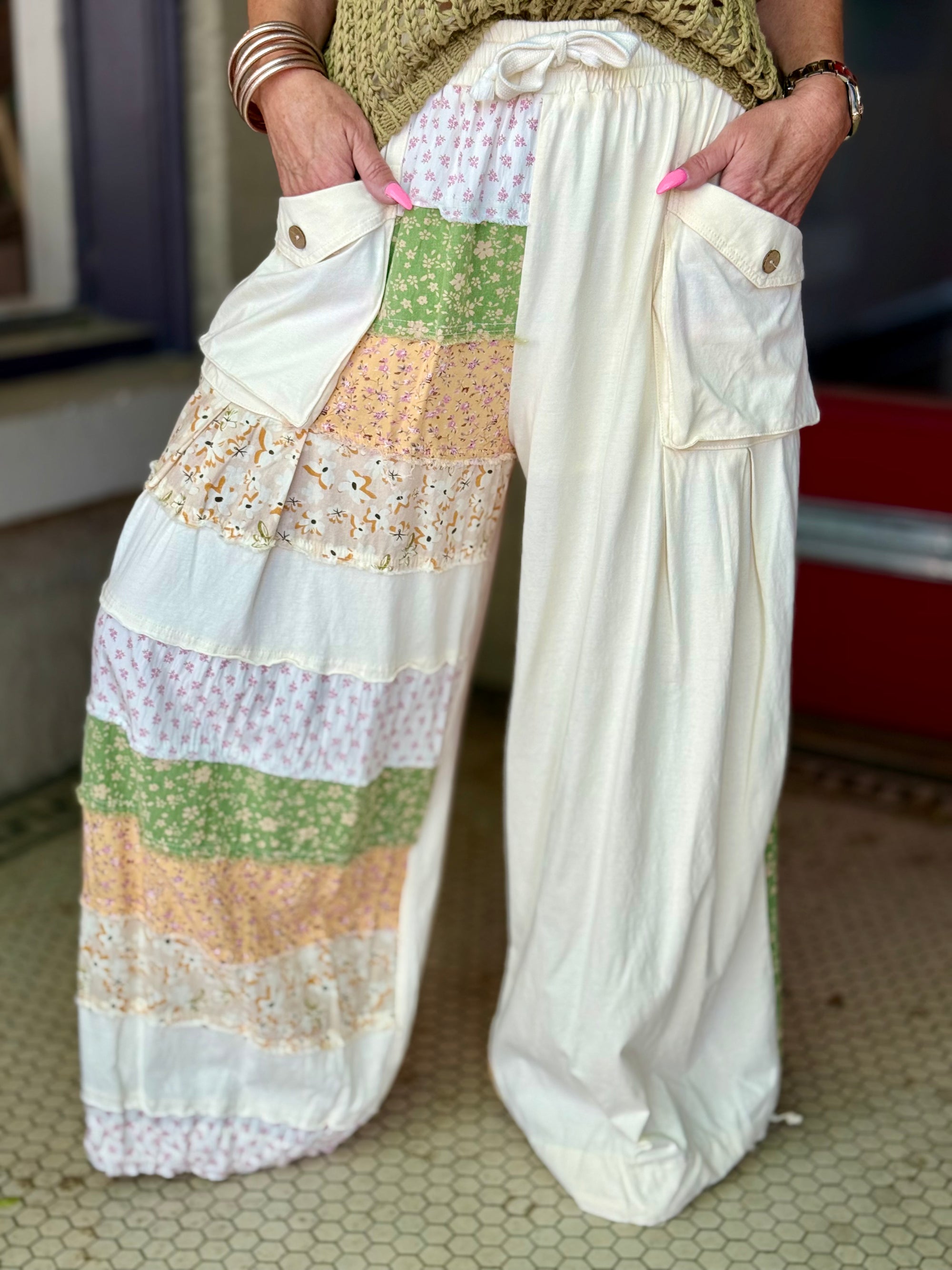 Slouchy Mixed Patchwork Pants | Cream