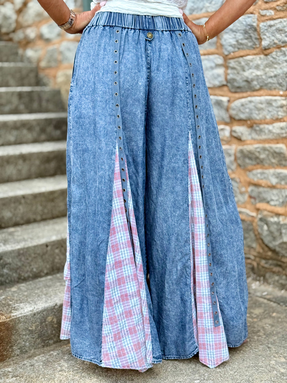 Plaid Panel Wide Leg Pants