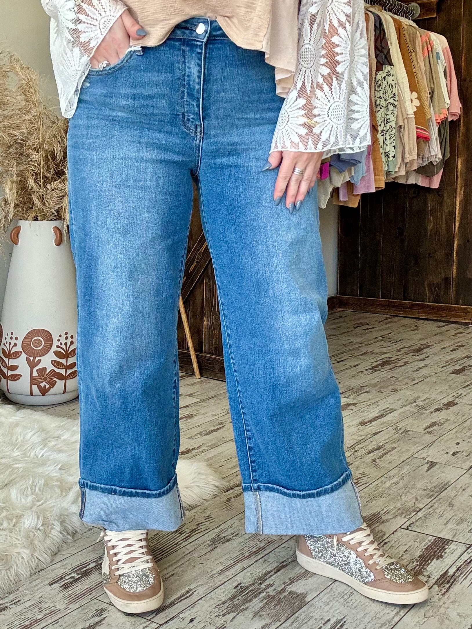 Cuffed Wide Leg High Rise Jeans