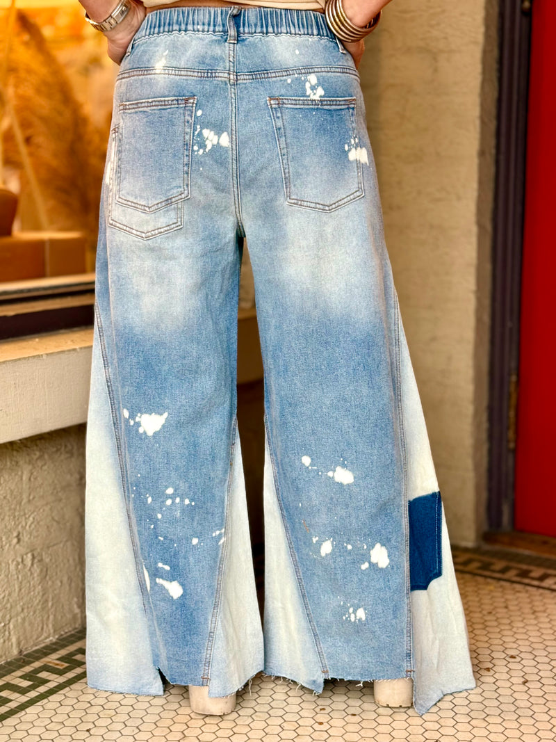 Paint Splattered Uneven Hem Wide Leg Jeans