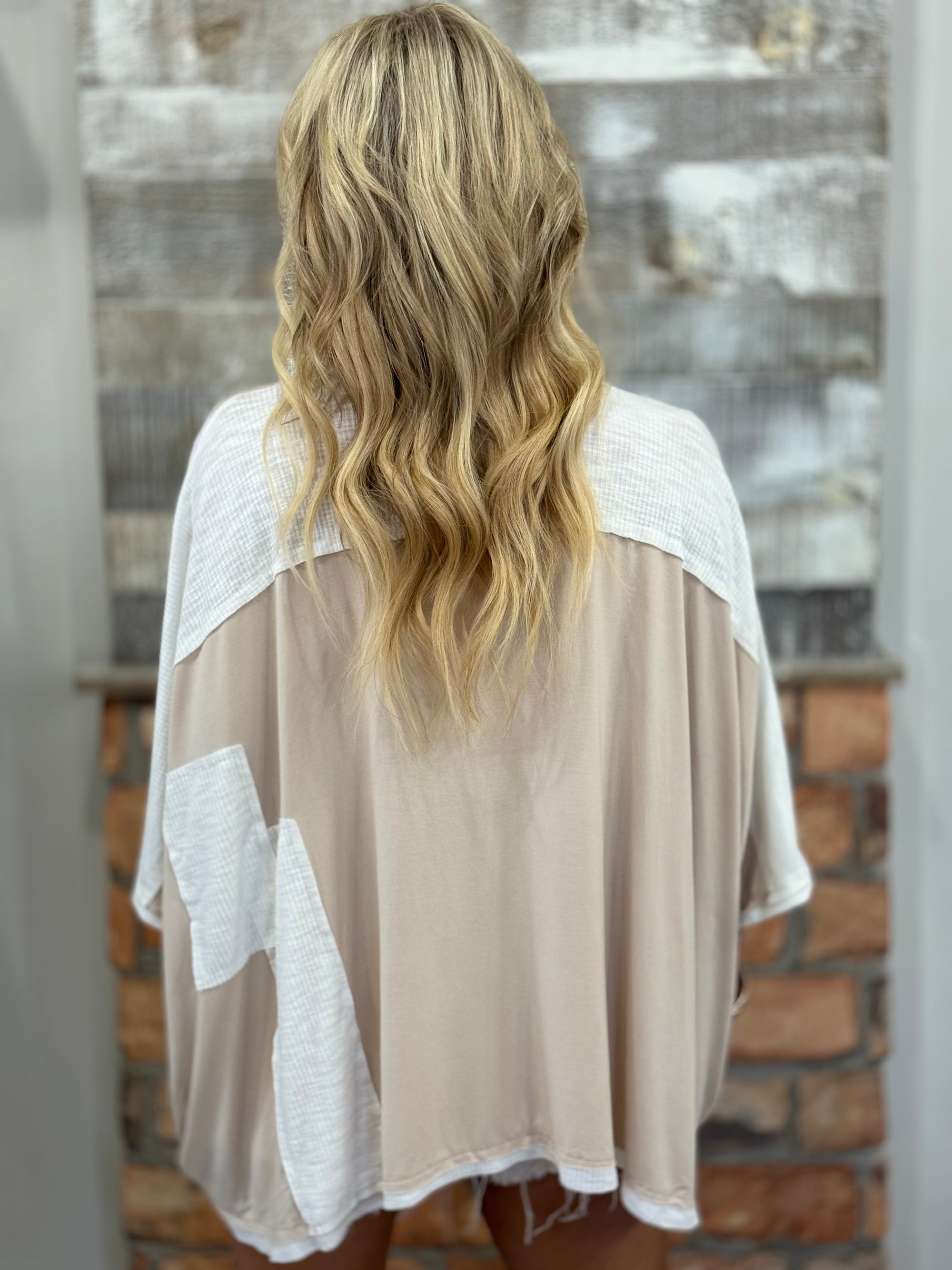 Oversized High Low Mixed Fabric Top in Oatmeal