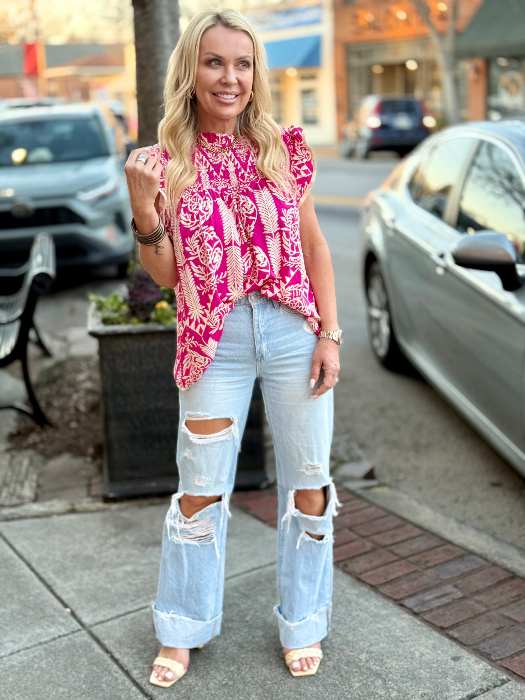 Printed Ruffle Cap Sleeve Top