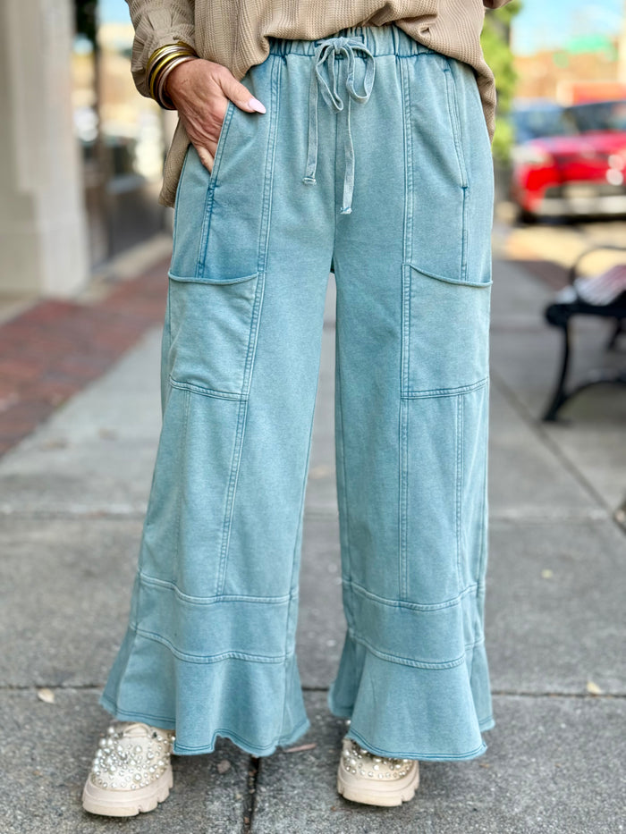 Cropped Ruffle Hem Wide Leg Pants | Blue