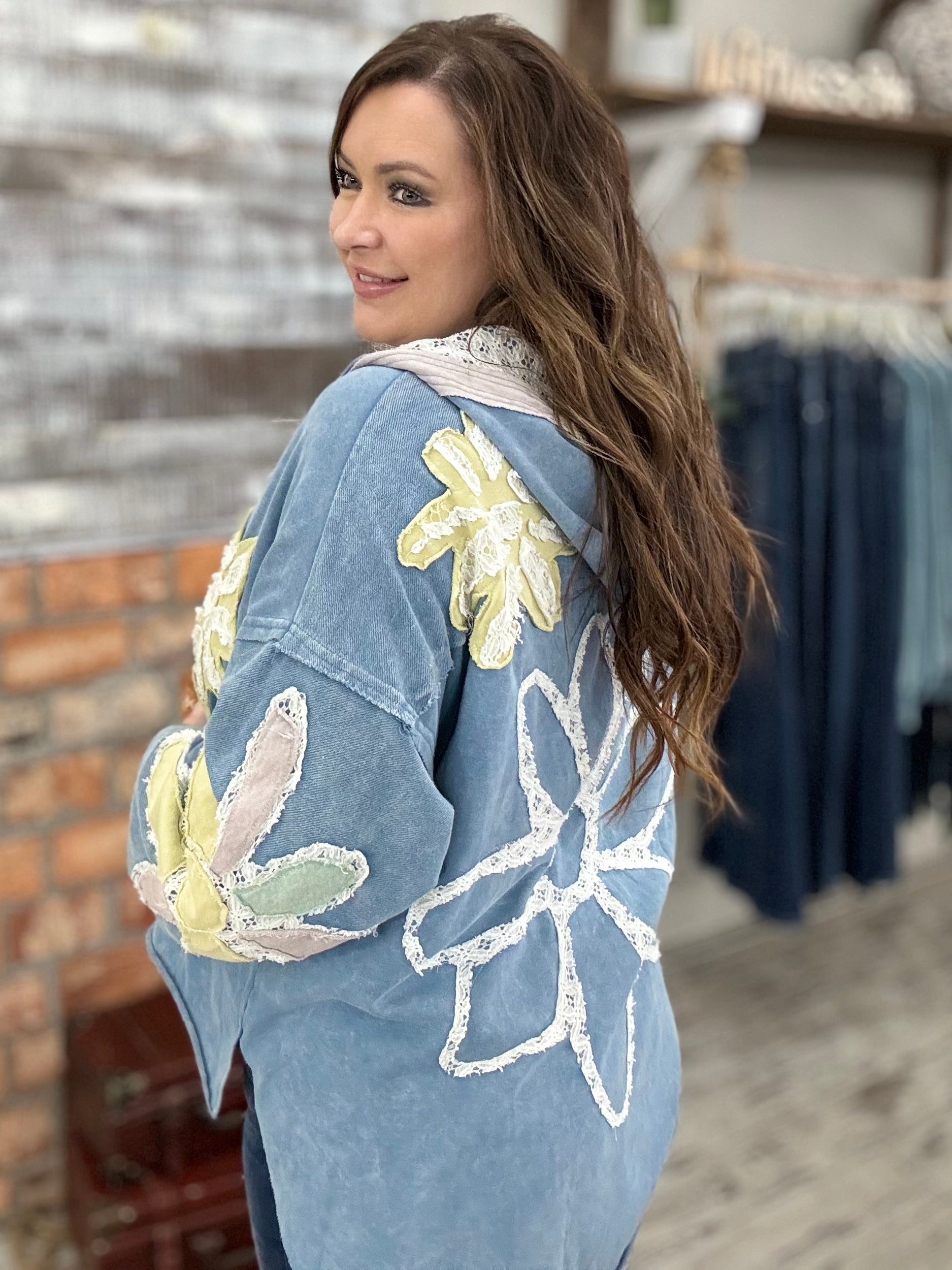 Colorblock Boho Floral Patch Hoodie Jacket
