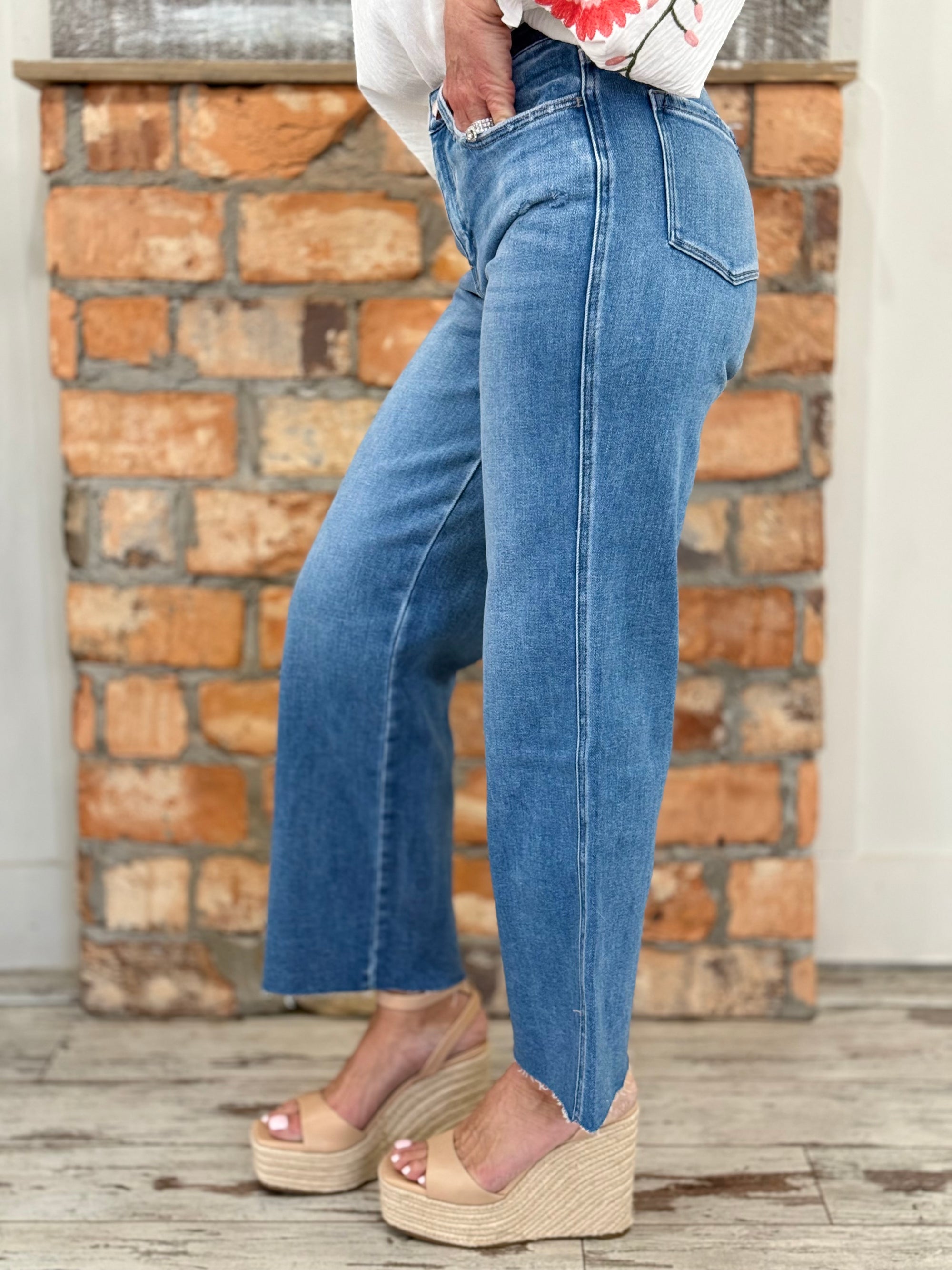 Raw Hem Slim Wide Leg Jeans