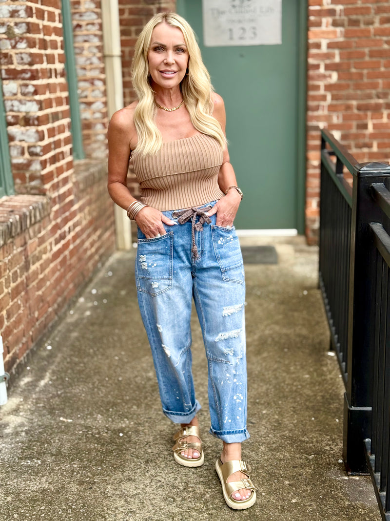 Paint Splattered Rope Belt Jeans