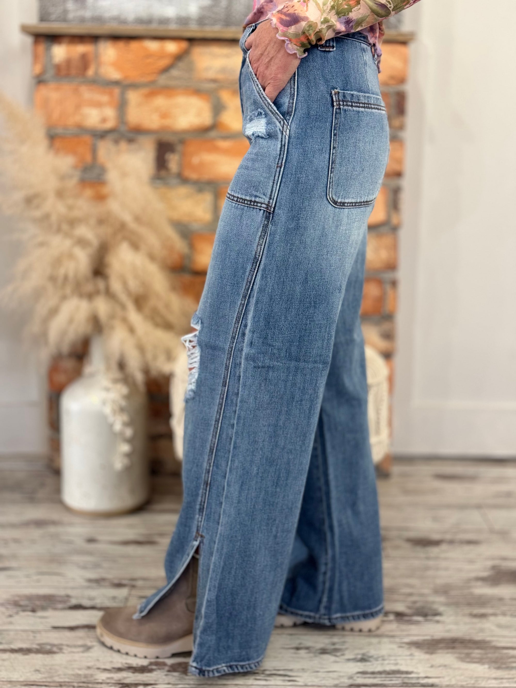 Distressed Front Slit Wide Leg Carpenter Jeans