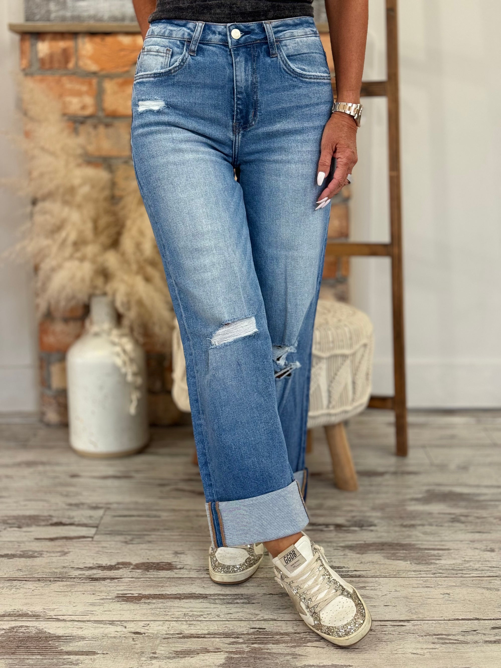 Cropped Cuffed Wide Leg Jeans