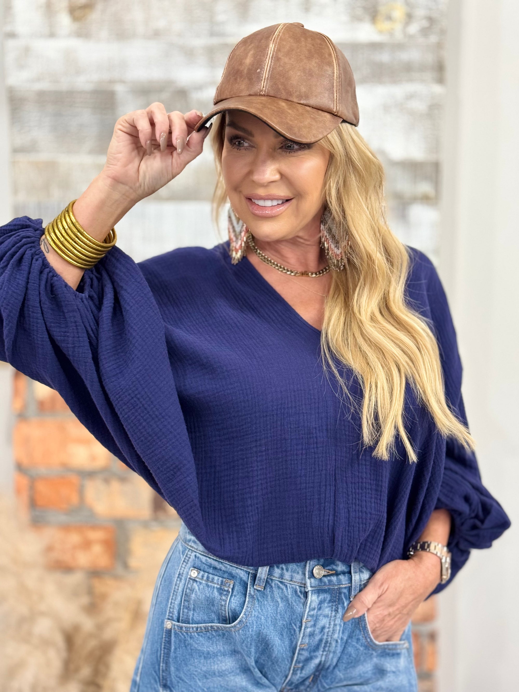 Bubble Sleeve Top in Navy