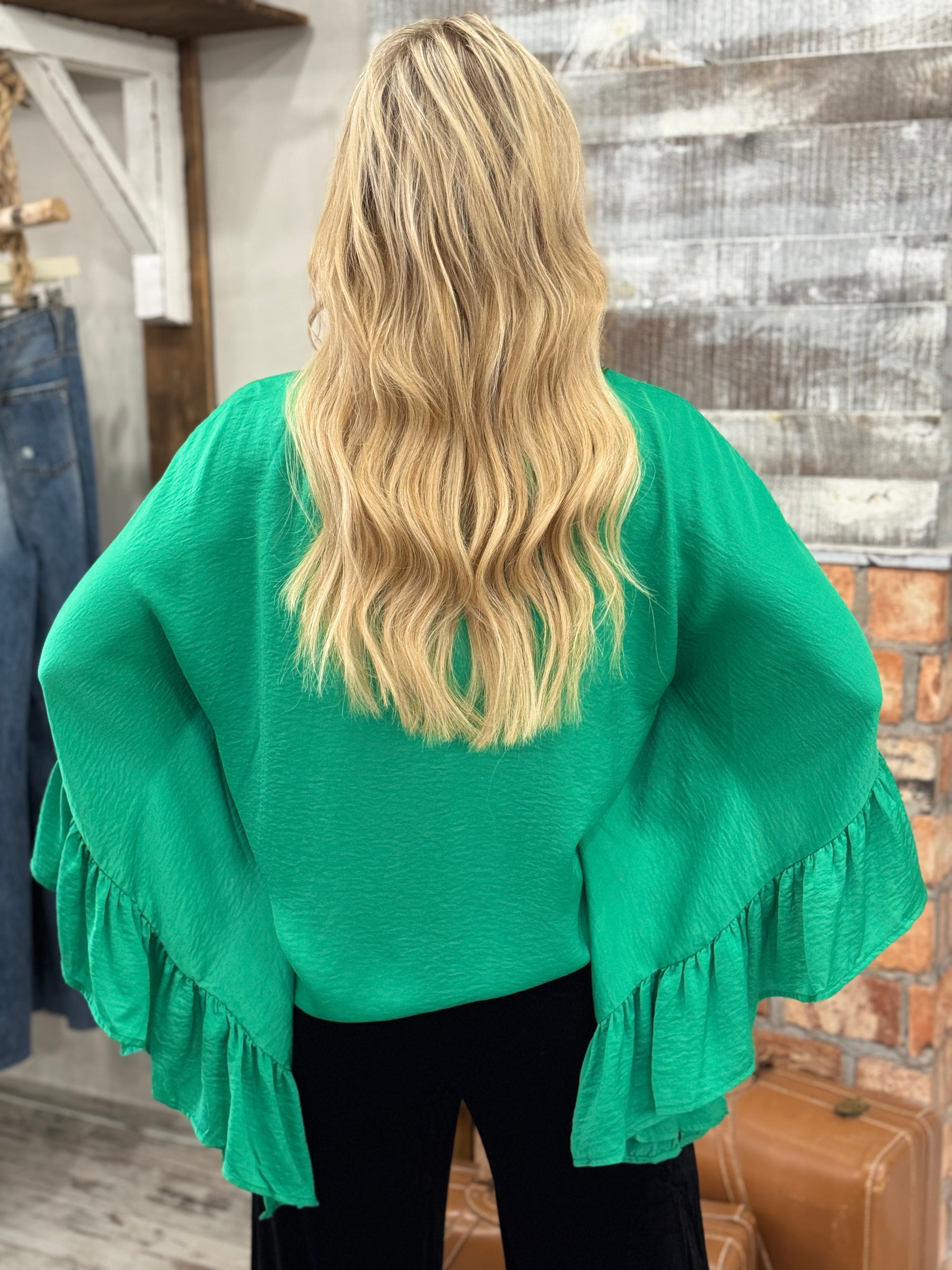 Satin Ruffle Sleeve Top in Green