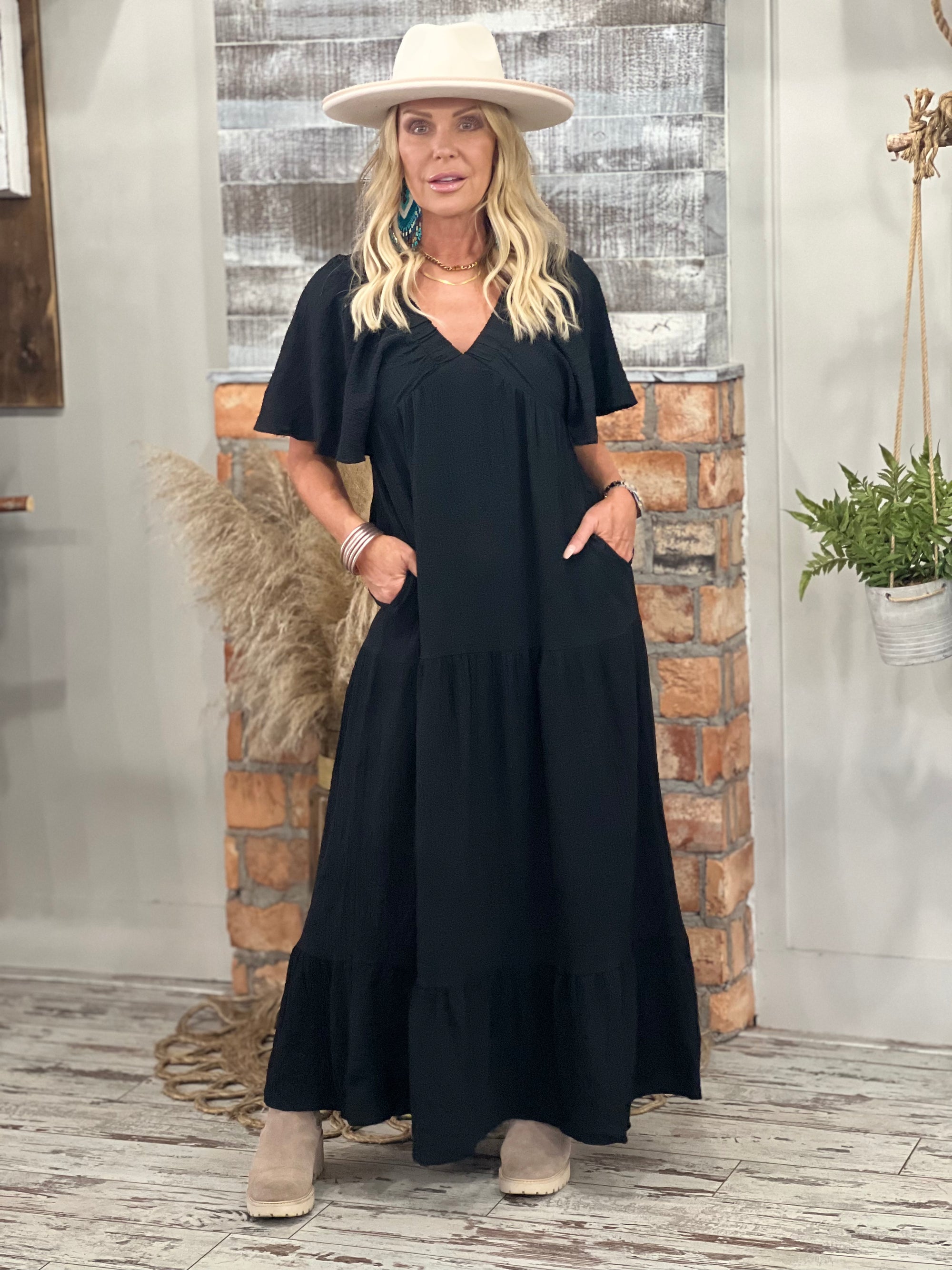 Tiered Flare Sleeve Maxi Dress in Black