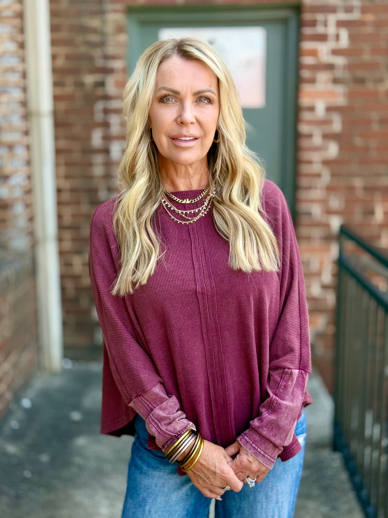 Washed Rounded Hem Pullover | Burgundy