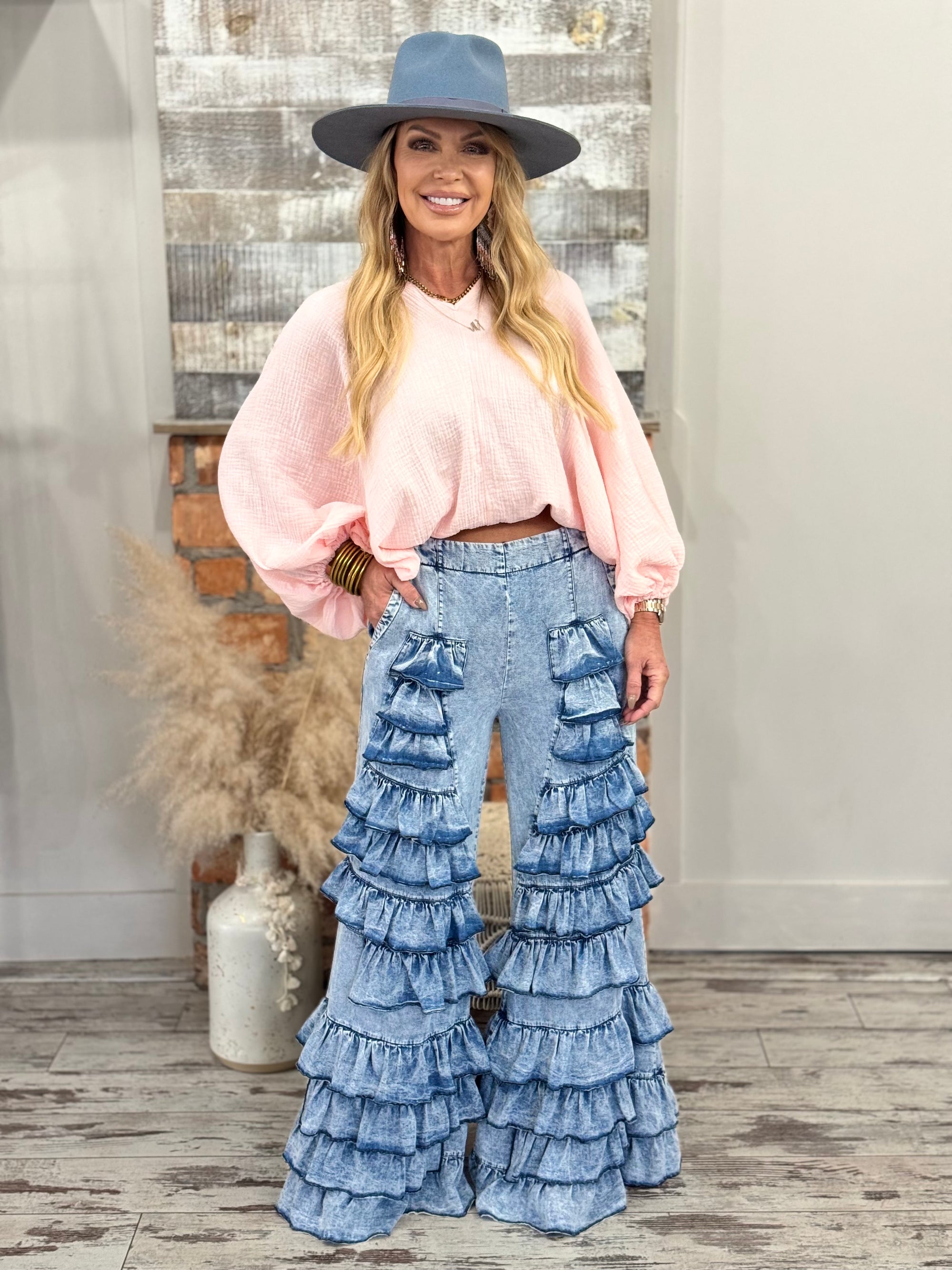 Tiered Ruffle Bell Bottom Pants