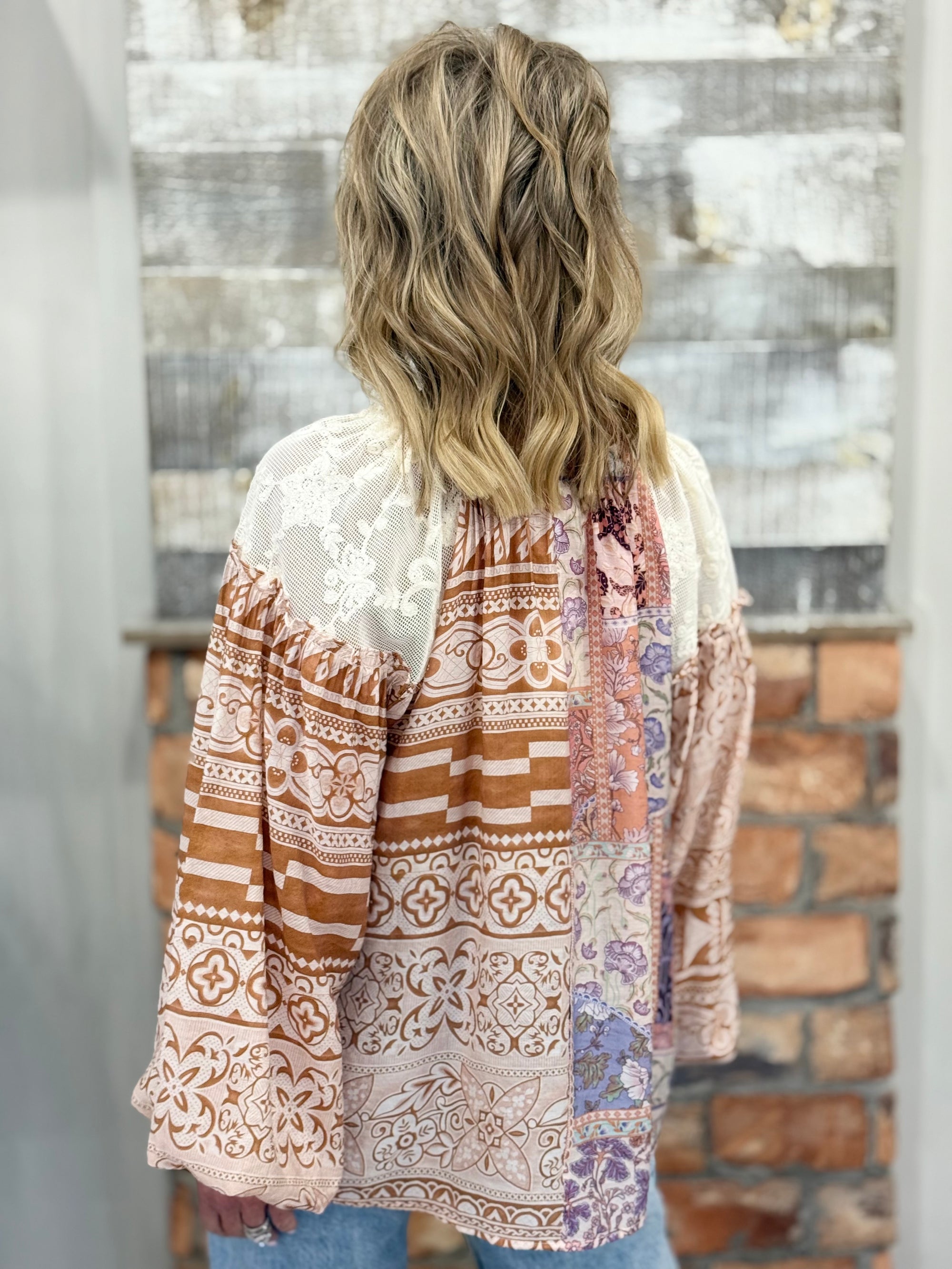 Mixed Print Tassel Tie Top