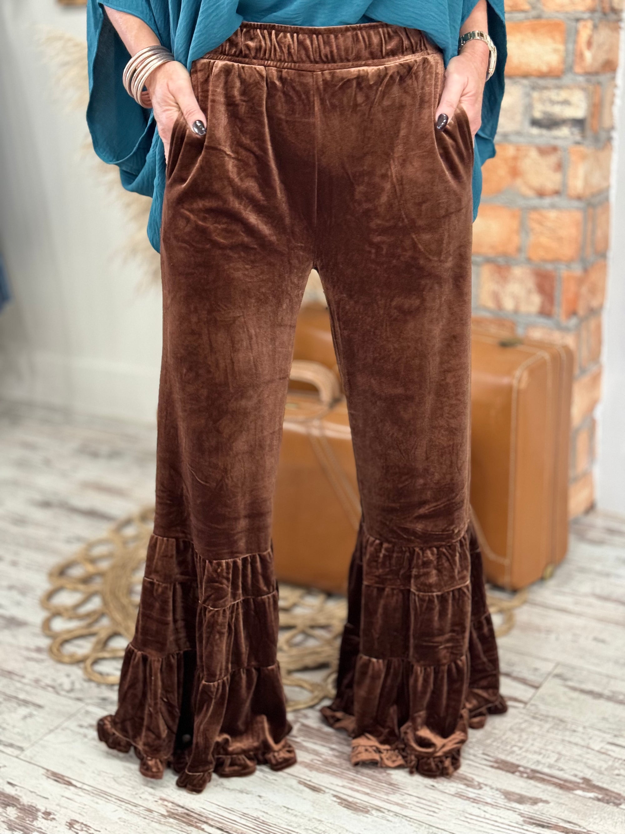 Tiered Ruffle Velvet Pants in Brown
