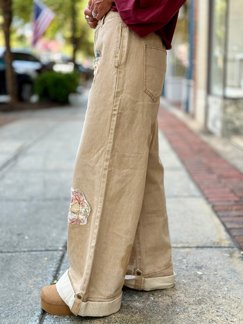 Floral Patch Cuffed Wide Leg Pants