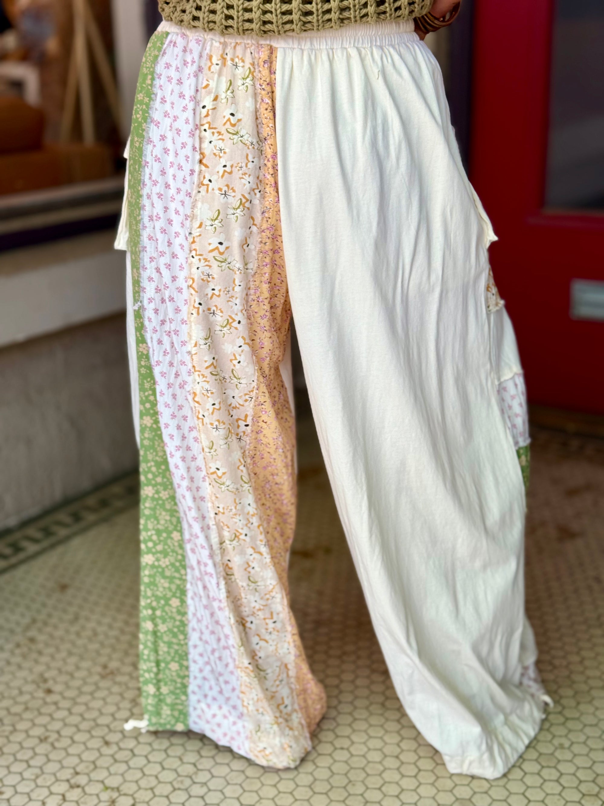 Slouchy Mixed Patchwork Pants | Cream