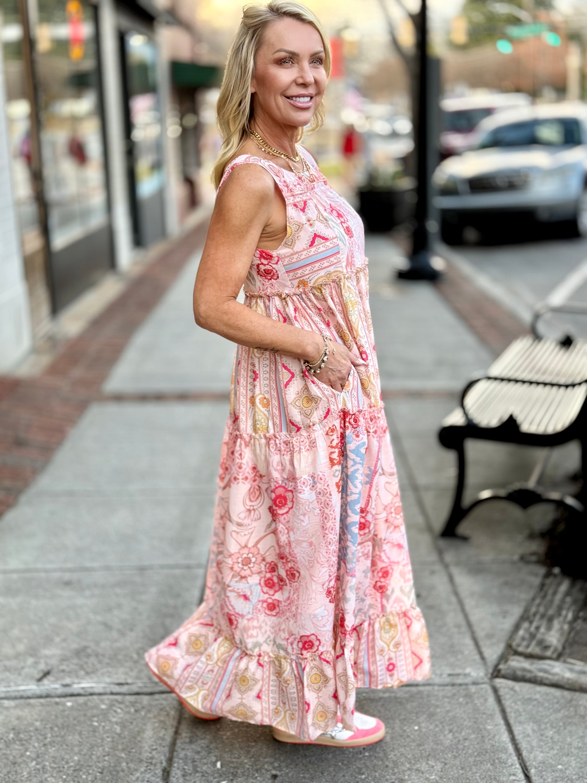 Ruffle Hem Mixed Print Maxi Dress